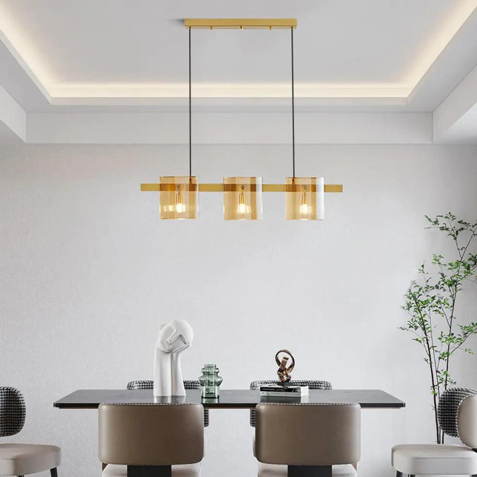 Modern Rectangular Glass Dining Room Brass Pendant Light - Elegant Hanging Chandelier for Kitchen Island, Breakfast Nook & Dining Table Lighting