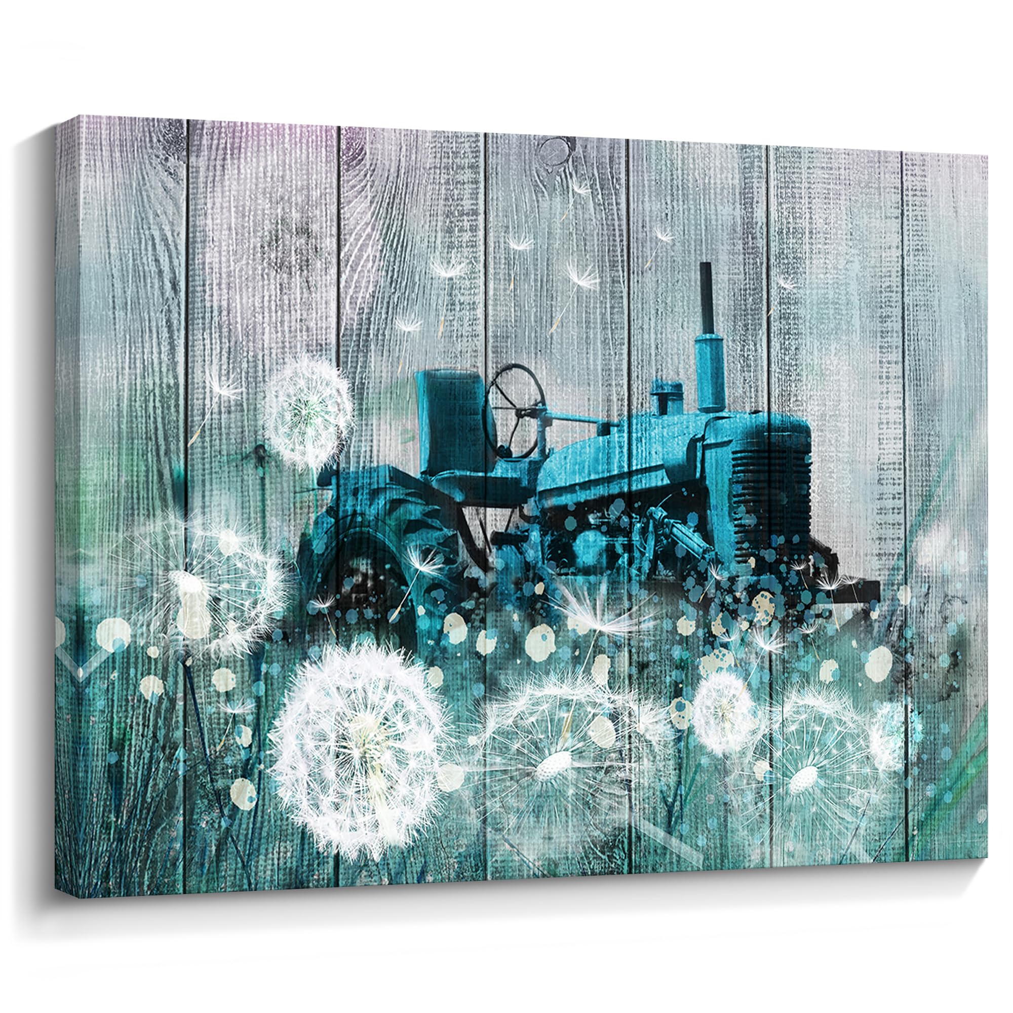Farmhouse Dandelion & Tractor Canvas Wall Art - 12x16 Inches, Teal Bathroom Decor, Aesthetic Bedroom & House Wall Decor - Perfect for Farmhouse, Rustic, or Vintage Style Rooms