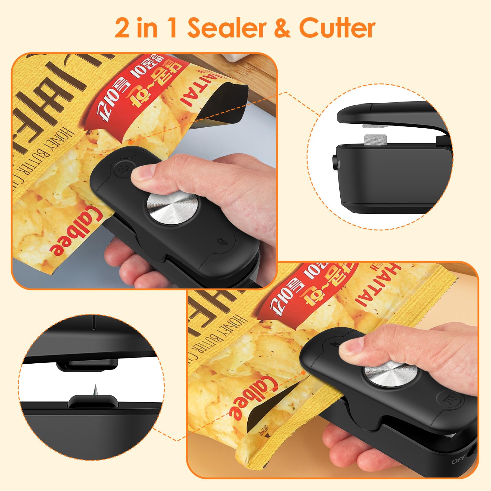 2 in 1 Mini Bag Sealer Heat Sealer and Cutter - Portable Food Storage Solution for Snacks, Candies, Chips | Battery Included | Perfect for Kitchen, Travel, and Picnics