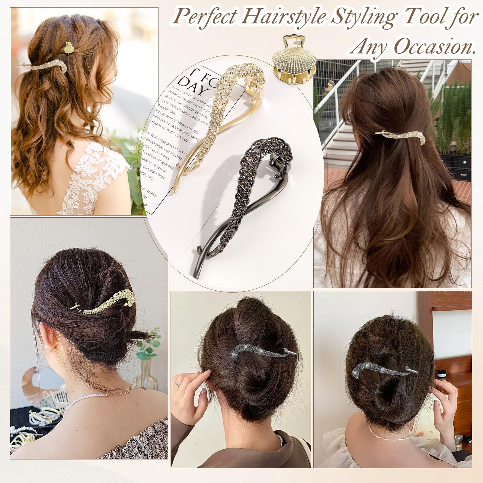 TecoKart® 3 Pack Rhinestone Banana Hair Clips & French Bun Maker Set - Elegant Metal Hair Accessories for Women & Girls with Medium to Thick Hair | Perfect for Weddings, Parties & Everyday Styling