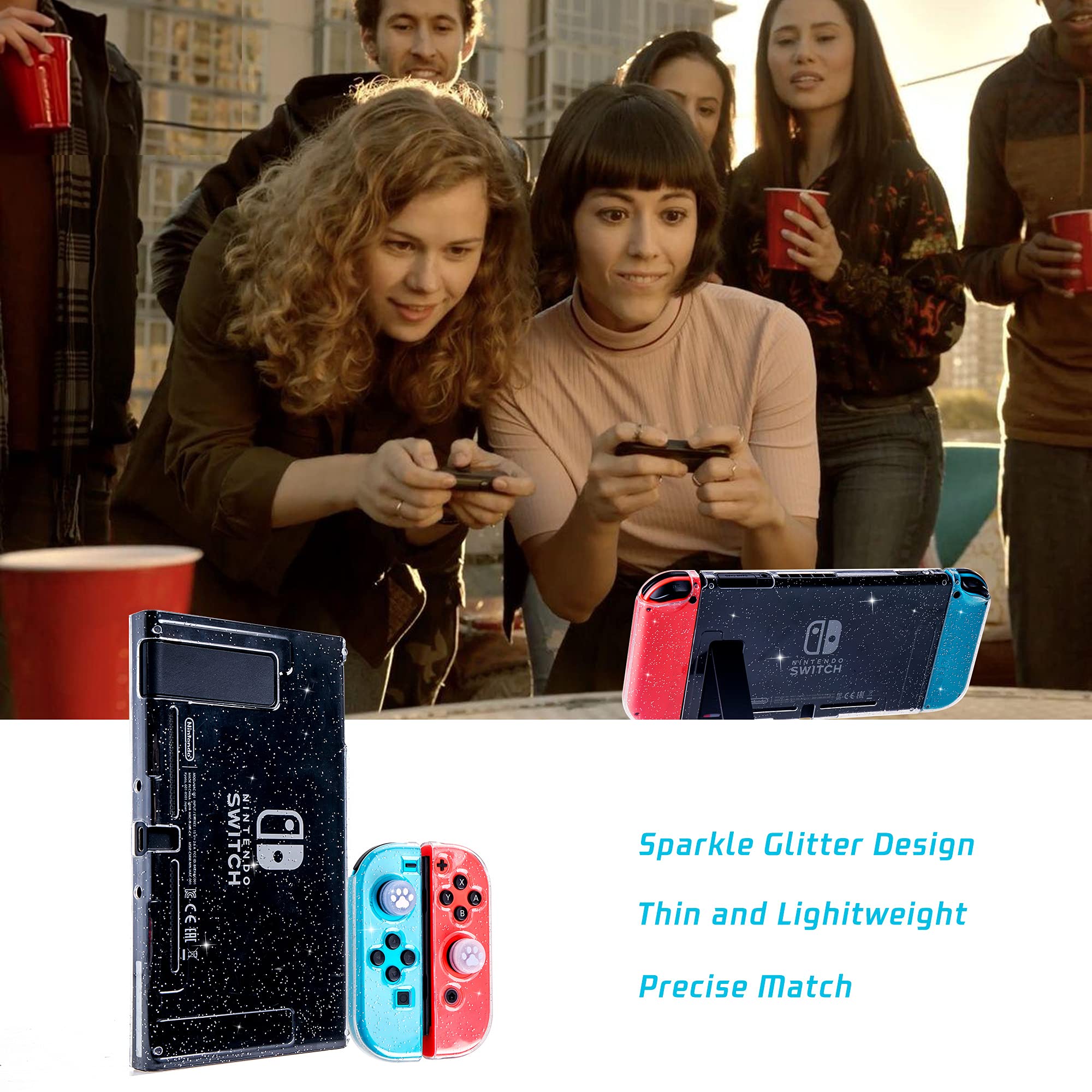 FANPL Glitter Clear Case for Nintendo Switch - TPU Silicone Soft Shell Dockable Protective Cover for Switch Console & Joy-Con Controllers with 2 Bling Thumb Grips (Transparent) - Perfect for Gaming Protection & Style Enhancement