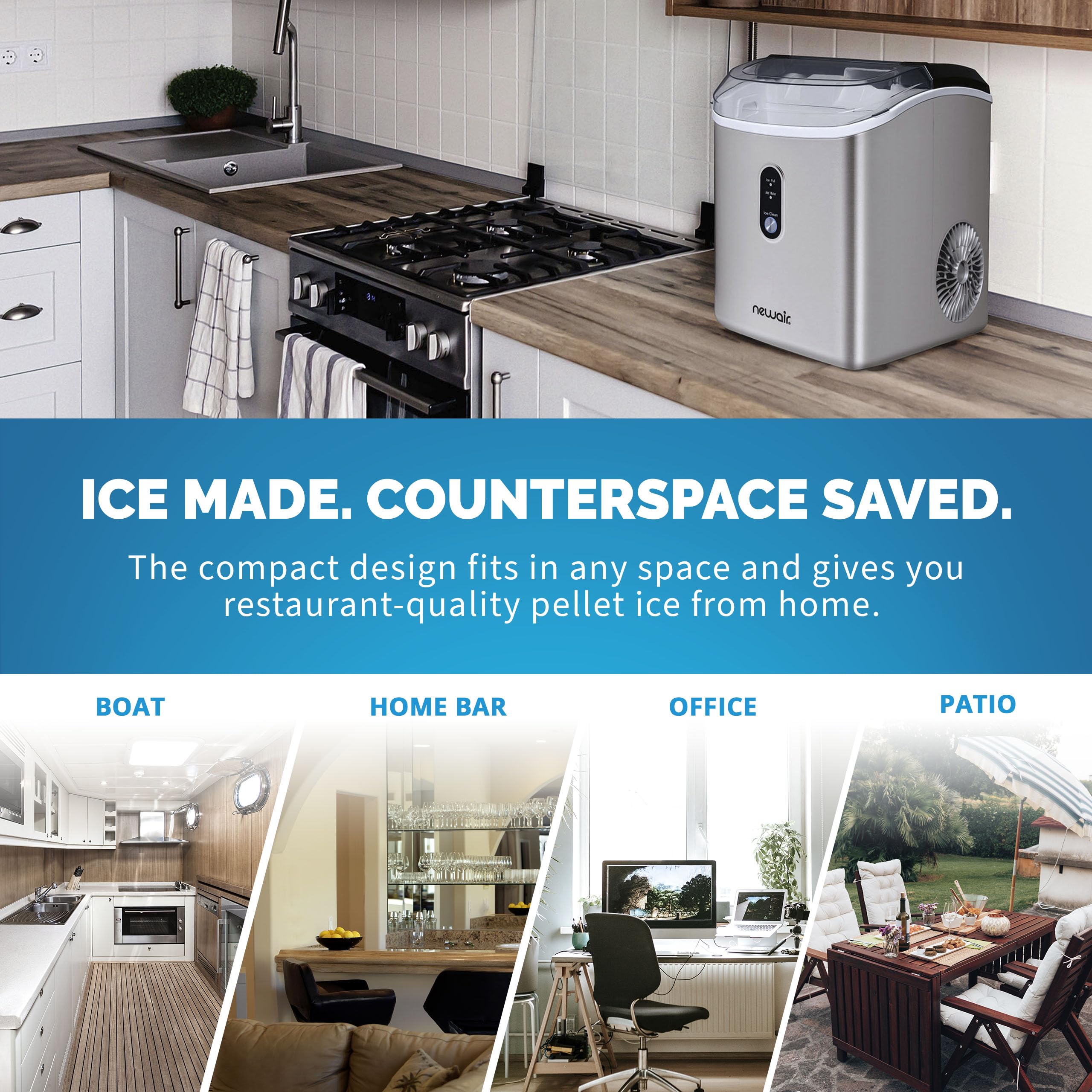 NewAir Nugget Countertop Ice Maker Machine - 26 lbs. Sonic Ice Maker with Self-Cleaning Function & Refillable Water Tank | Stainless Steel Portable Ice Machine for Home, Office, Kitchen, Coffee Bar, Parties & Outdoor Use