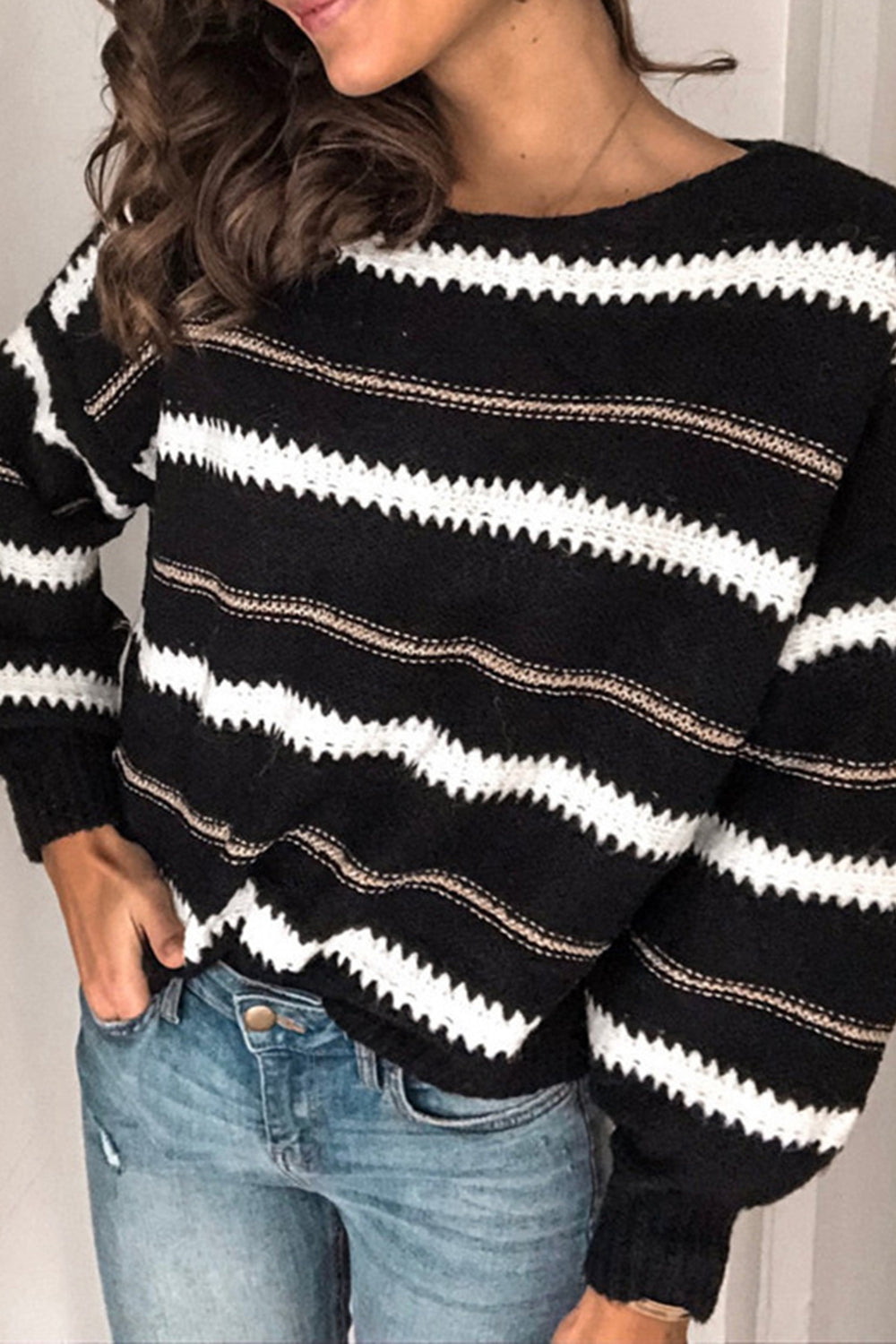 Stylish Contrast Striped Round Neck Long Sleeve Sweater for Women - Cozy Fall & Winter Fashion, Perfect for Office, Casual Outings and Date Nights