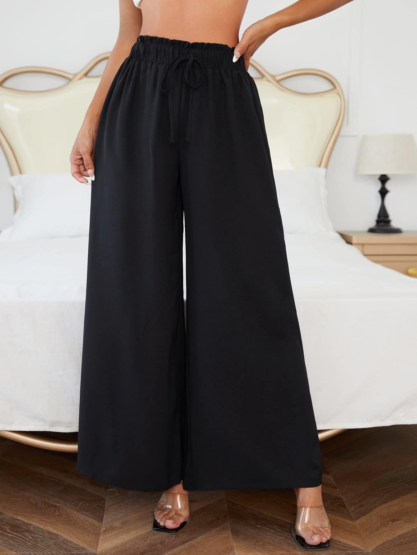 XENIS Women's Casual Tie Paperbag Waist Pants - Stylish High-Waisted Trousers for Home, Office & Everyday Wear | Comfortable Work Pants & Lounge Pants for Women