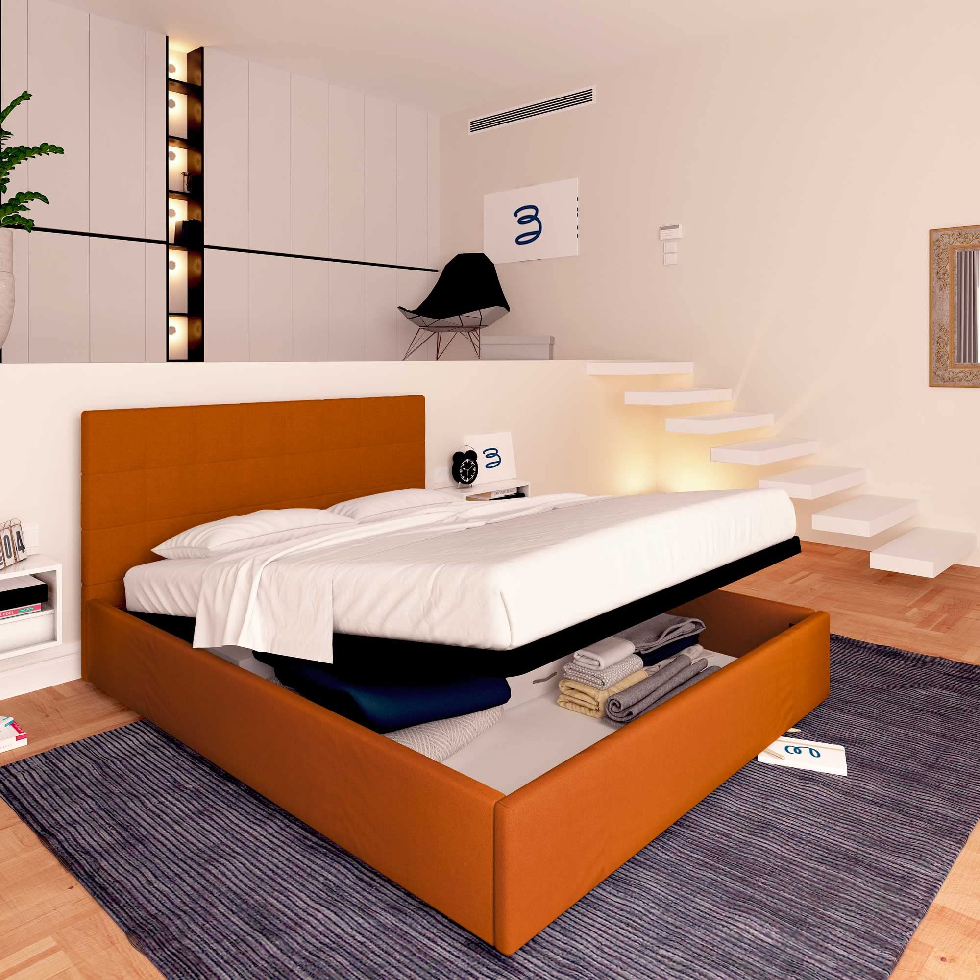 Baldiflex Dublin Fabric Double Bed Frame with Storage, Slatted Base for Single Mattresses, 160 x 190 cm, Elegant Orange Headboard - Perfect for Small Bedrooms & Guest Rooms