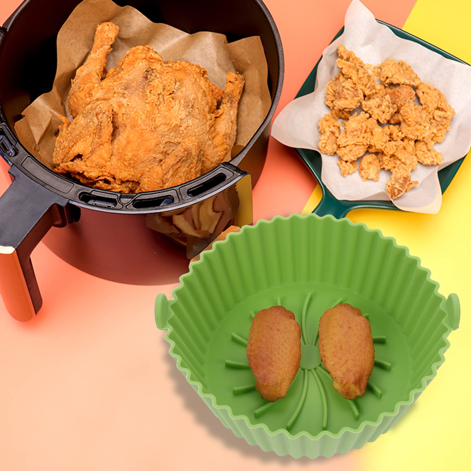 DOITOOL Air Fryer Accessories Set - 8 Inch Green Silicone Baking Mat, Non-Stick Parchment Paper, Cupcake Liners & Pot Liners for Air Fryer, Oven & Microwave - Durable, Heat-Resistant & Eco-Friendly Kitchen Tools for Healthy Cooking