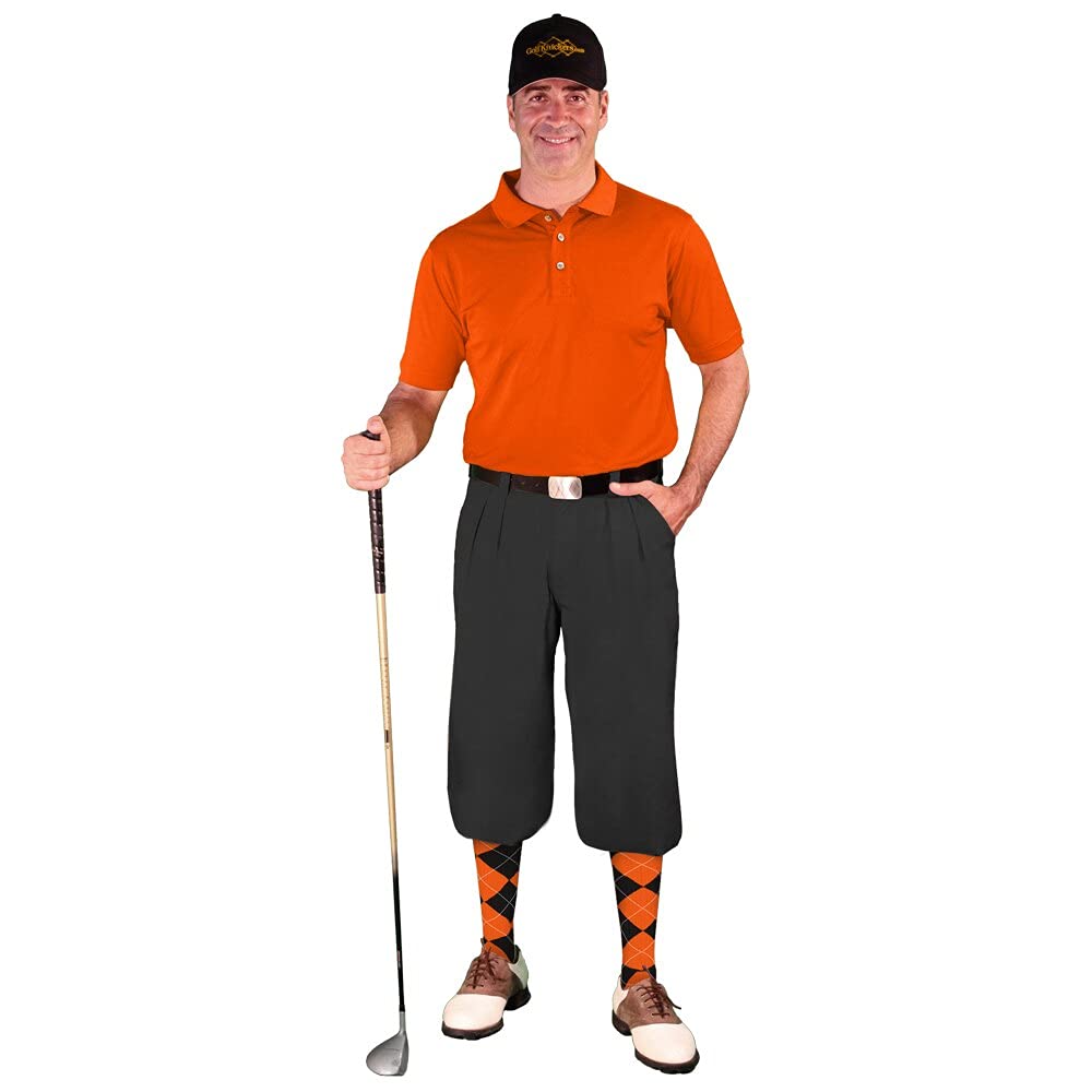 **Men's Stylish Black Microfiber Outfit Set - Limited Edition Ball Cap, Over-The-Calf Argyle Socks & Orange Golf Shirt for Casual Wear, Golfing & Everyday Fashion**