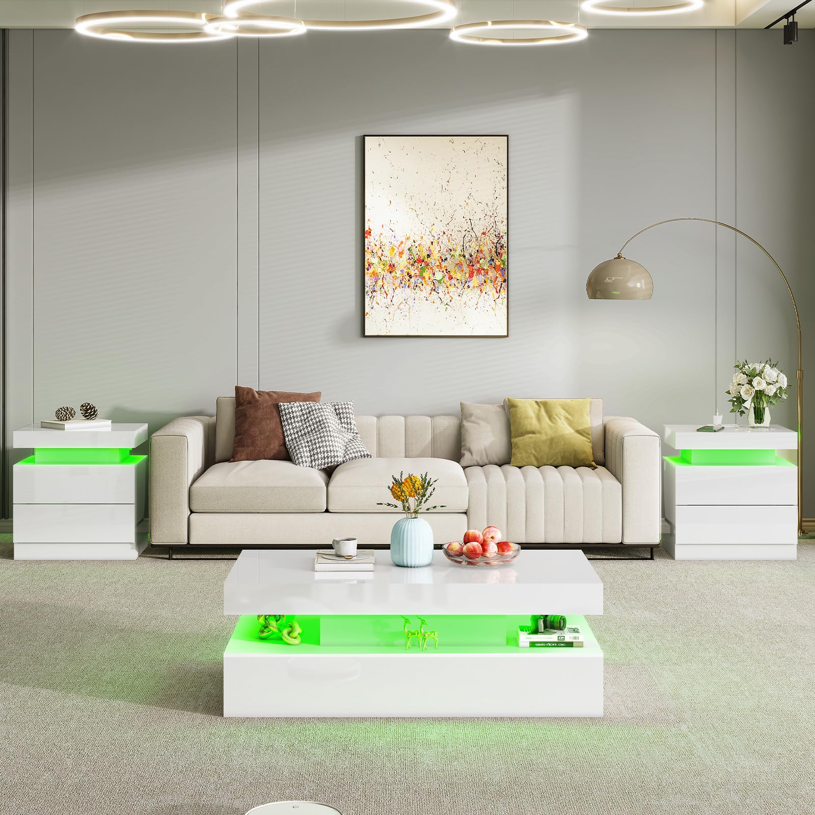 AMERLIFE 3-Piece Modern LED Coffee Table Set with Charging Station - High Gloss White 2-Tier Center Table & 2 End Side Tables, Nightstand for Living Room & Bedroom - Perfect for Home Decor, Entertainment & Charging Devices