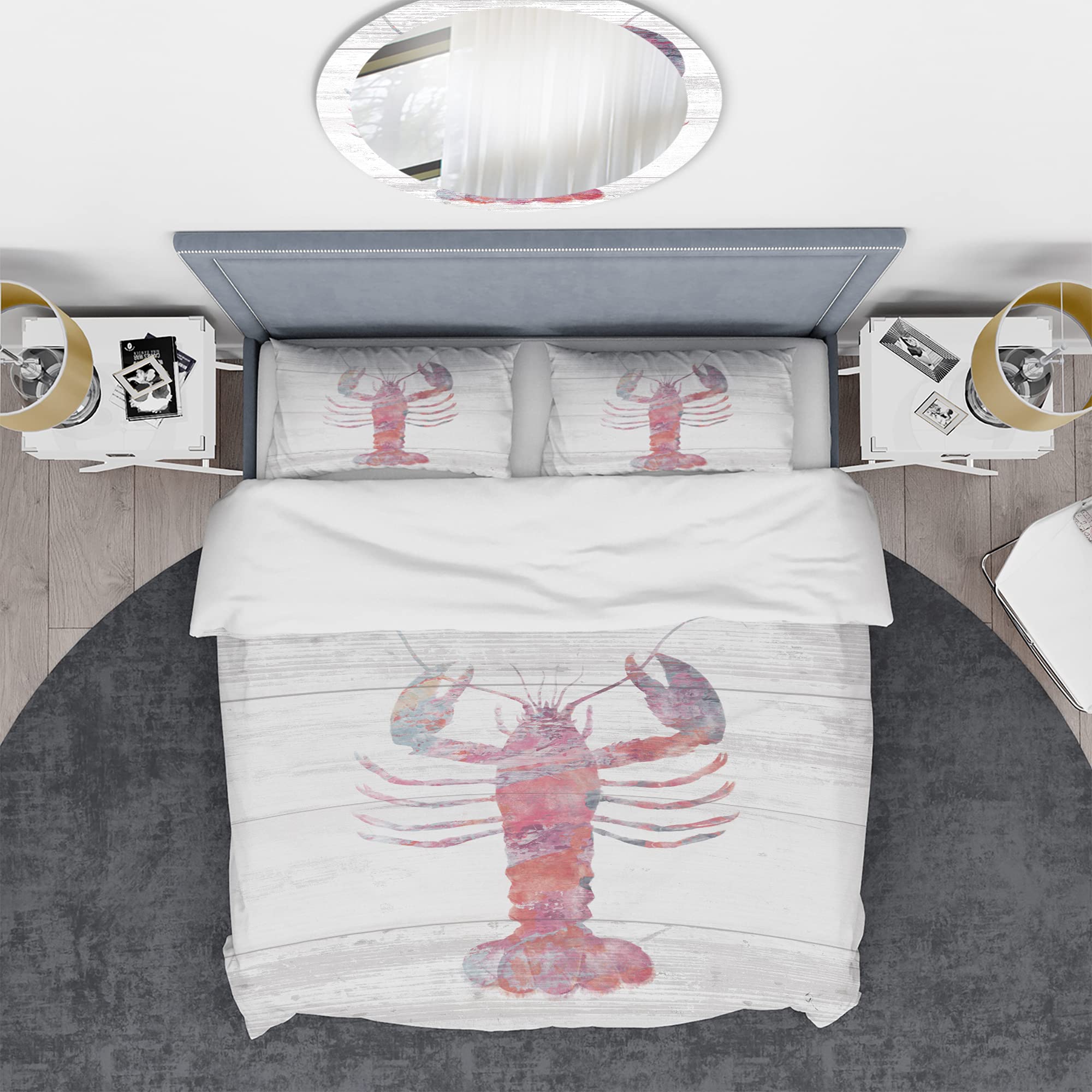 DesignQ Pink Lobster Ocean Life Nautical Coastal Duvet Cover Set - King Size 3-Piece Bedding Set with Animal Print | Perfect for Beach House, Coastal Decor & Summer Themed Bedrooms