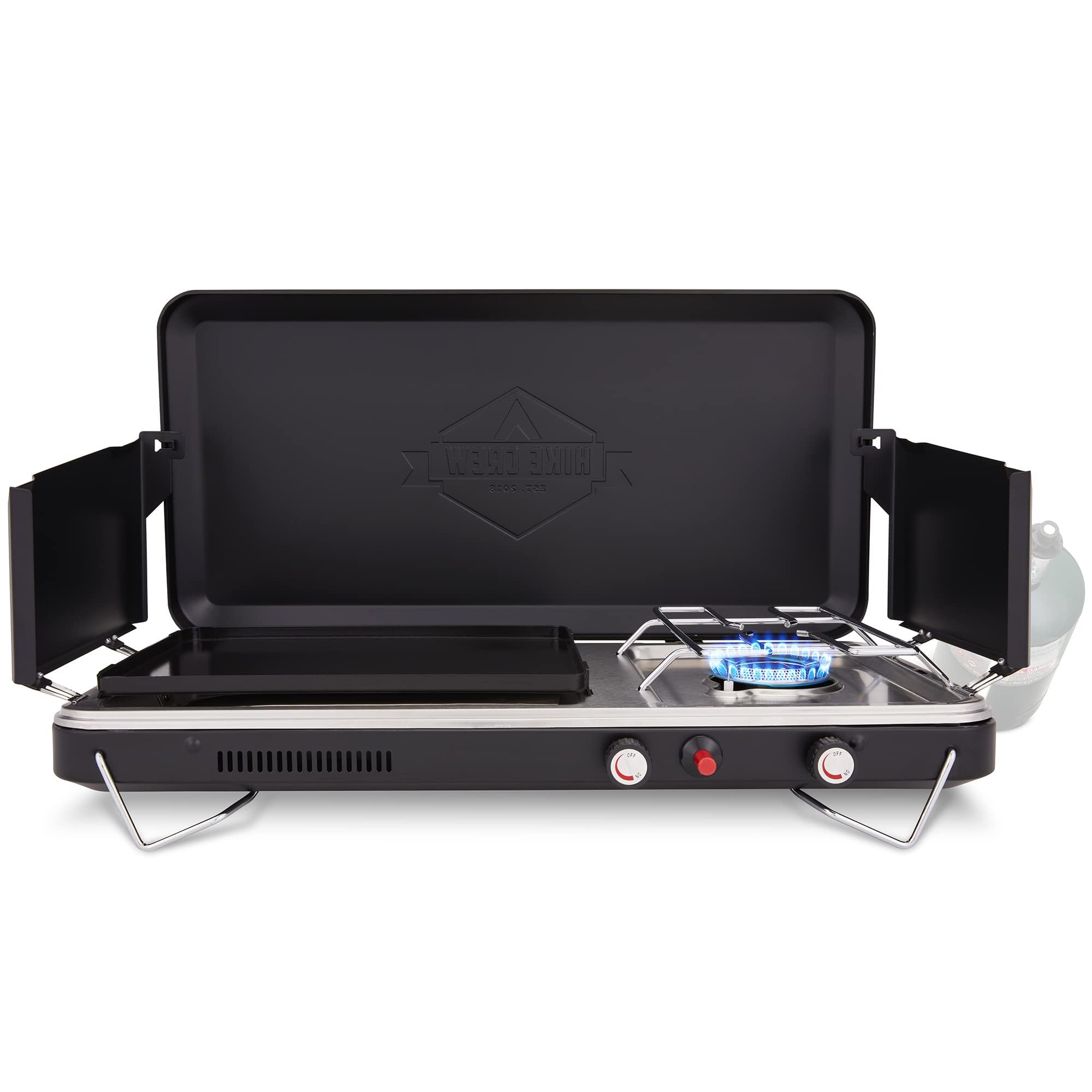 Hike Crew 2-in-1 Portable Gas Camping Stove with Griddle - Propane Burner with Integrated Igniter & Stainless Steel Drip Tray | Built-in Carrying Handle, Foldable Legs & Wind Panels | Includes Regulator | Perfect for Outdoor Cooking, Camping, Backpacking & Picnics