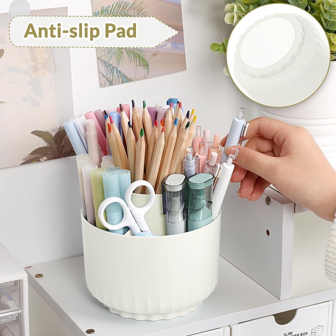 SKYDUE 360 Degree Rotating Desk Organizer - 5-Slot Dual-Purpose Pen & Pencil Holder for Office, School & Home - White (12287XZBT) - Perfect for Organizing Stationery, Makeup Brushes & Desk Accessories