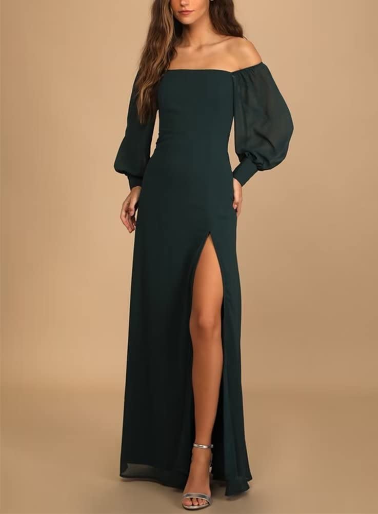 Elegant Off-The-Shoulder Long Sleeve Chiffon Bridesmaid Dress | Formal Wedding Guest Gown with Thigh Slit for Women - Perfect for Evening Galas, Cocktail Parties & Special Occasions