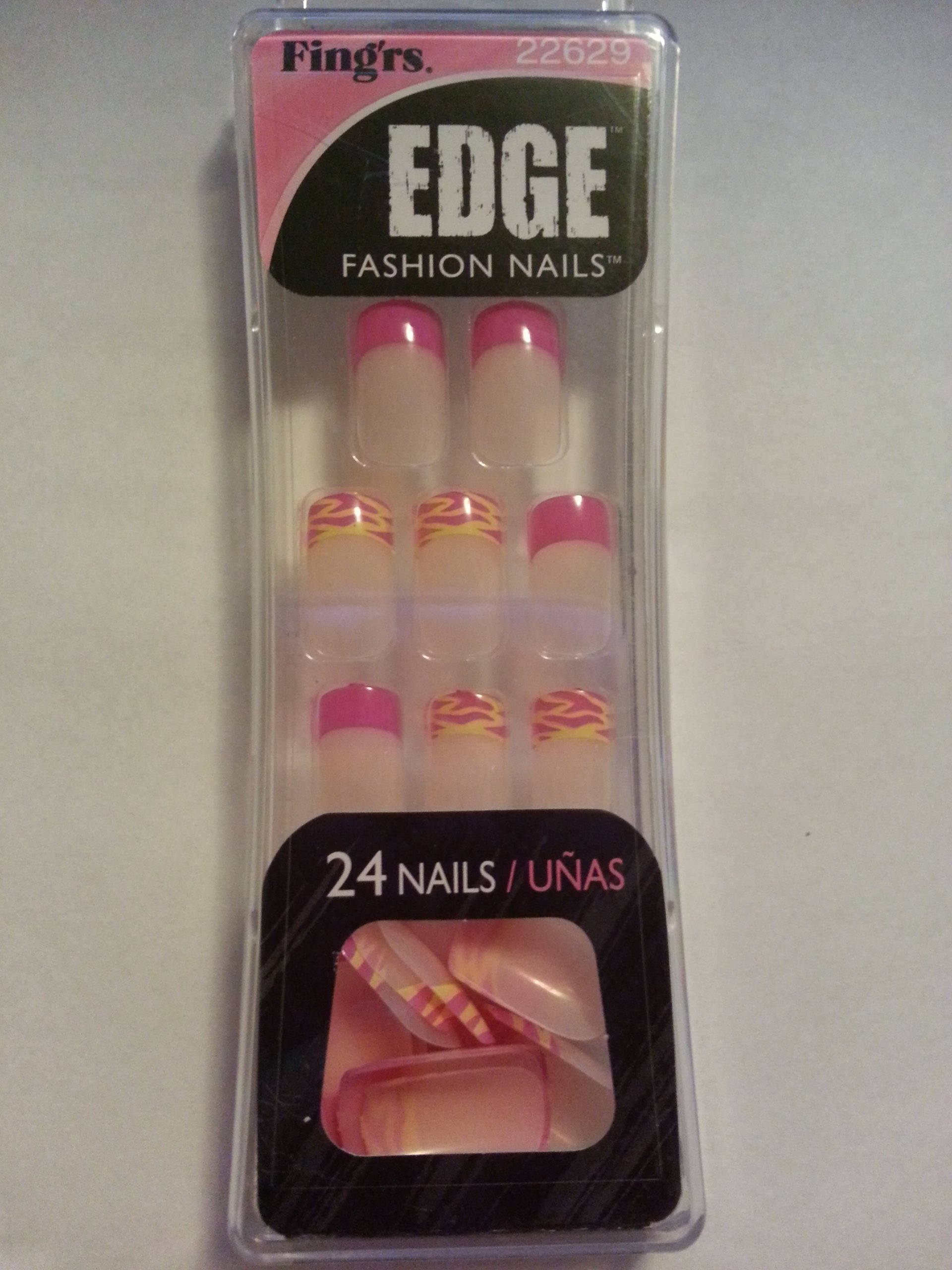 Fing'rs Edge Fashion Nails 22629 - Pink & Yellow Zebra Tip Press-On Nails | Easy to Apply Fake Nails for Women | Perfect for Parties, Weddings & Special Occasions