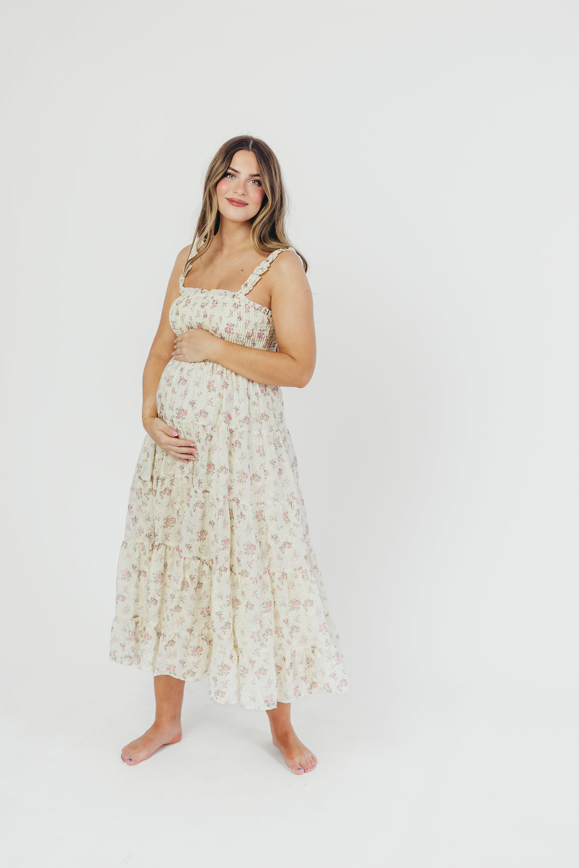 Ryan Ruffle Midi Dress with Embroidered Floral Detail - Cream & Pink Summer Dress for Women | Perfect for Weddings, Garden Parties & Date Nights