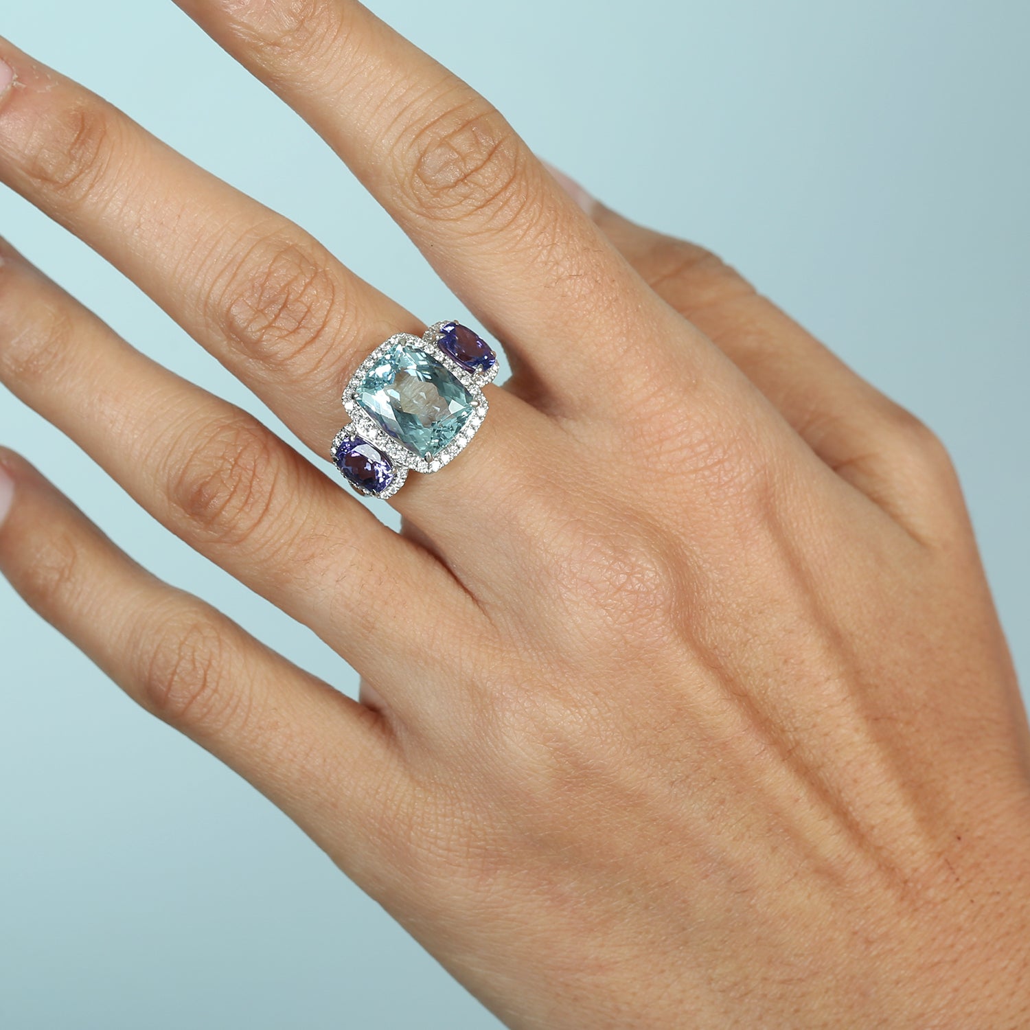 Exquisite Cushion Cut Aquamarine & Tanzanite Three Stone Ring with Pave Diamonds in 14K White Gold | Elegant Engagement, Anniversary & Wedding Jewelry Gift for Her