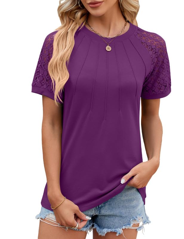 Trendy Women's Lace Short Sleeve Crewneck T-Shirts - Elegant Pleated Blouse & Tunic Top for Casual & Dressy Outfits | Perfect for Office, Date Night & Summer 2024 Fashion