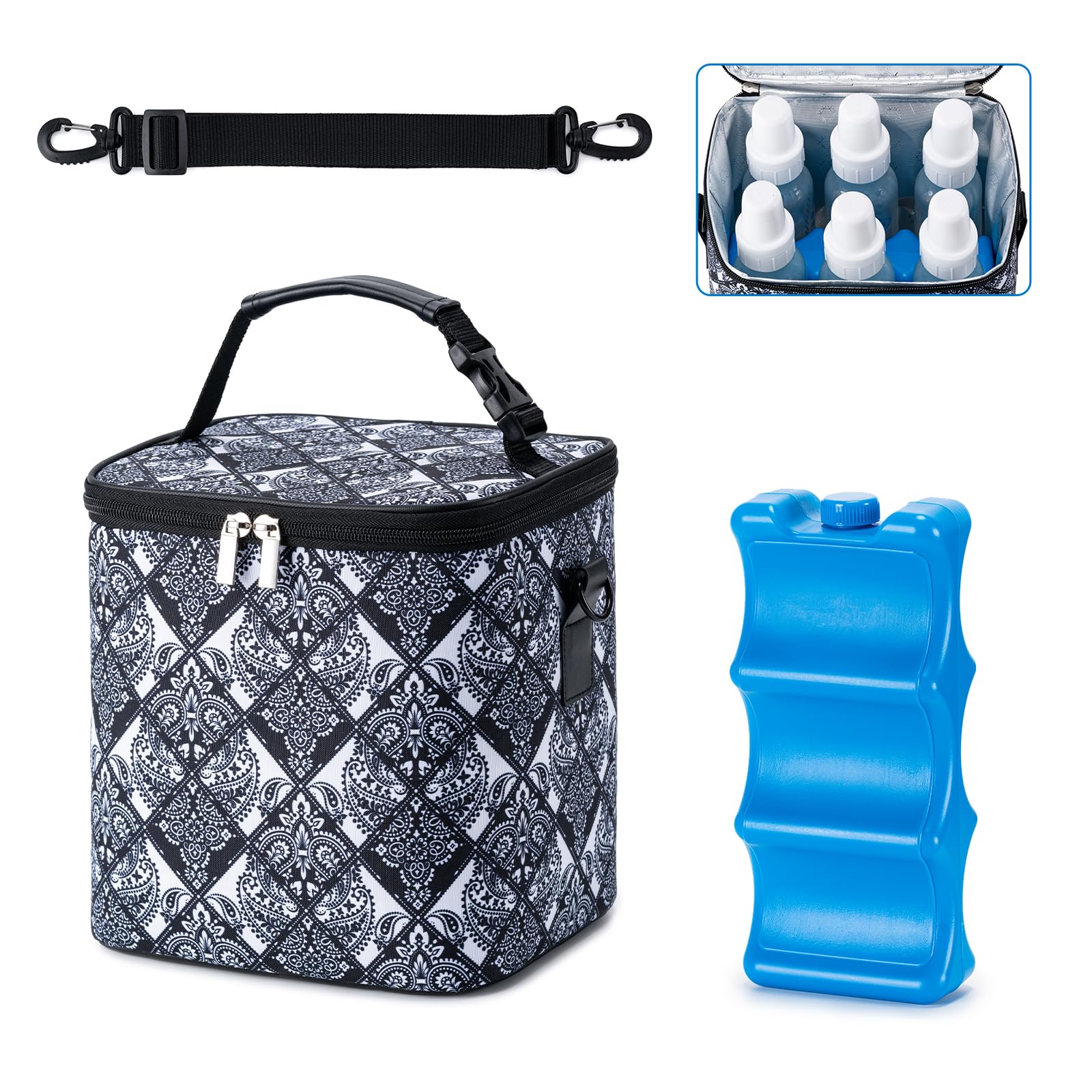 Insulated Breastmilk Cooler Bag with Ice Pack - Holds 6 Baby Bottles (9oz Each) - Adjustable Shoulder Strap for Nursing Moms - Perfect for Daycare, Work & Travel - Black