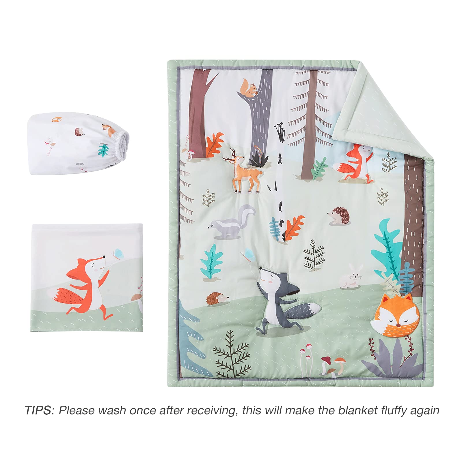 Beeweed 3-Piece Crib Bedding Set for Boys & Girls - Soft Baby Blanket, Crib Skirt & Sheets - Woodland Animal Nursery Theme - Perfect for Newborns & Toddlers' Bedrooms