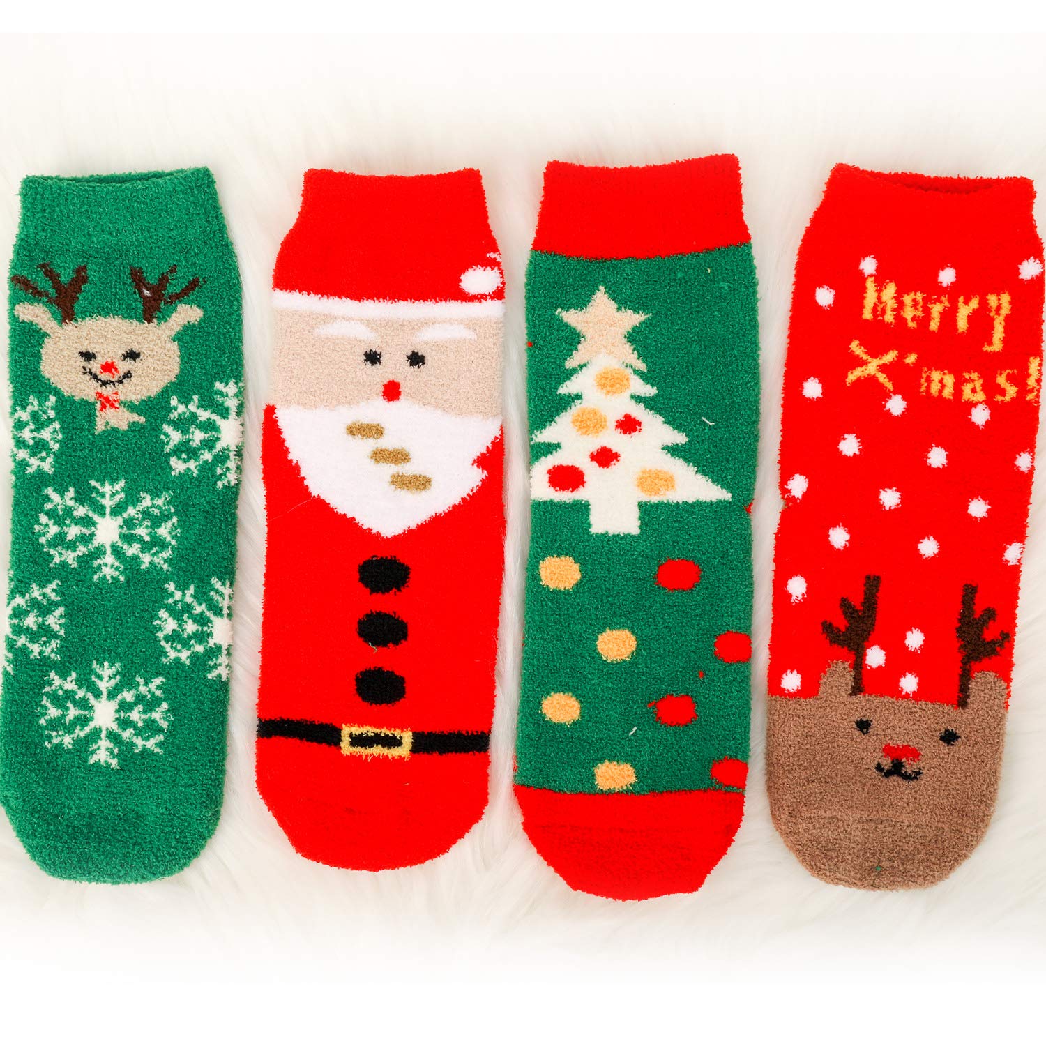 Qpout 4 Pairs Christmas Warm Socks for Women & Men - Cozy Winter Snowflake Santa Claus Tree Holiday Socks - Perfect for Christmas Parties, Gifts & Festive Decorations