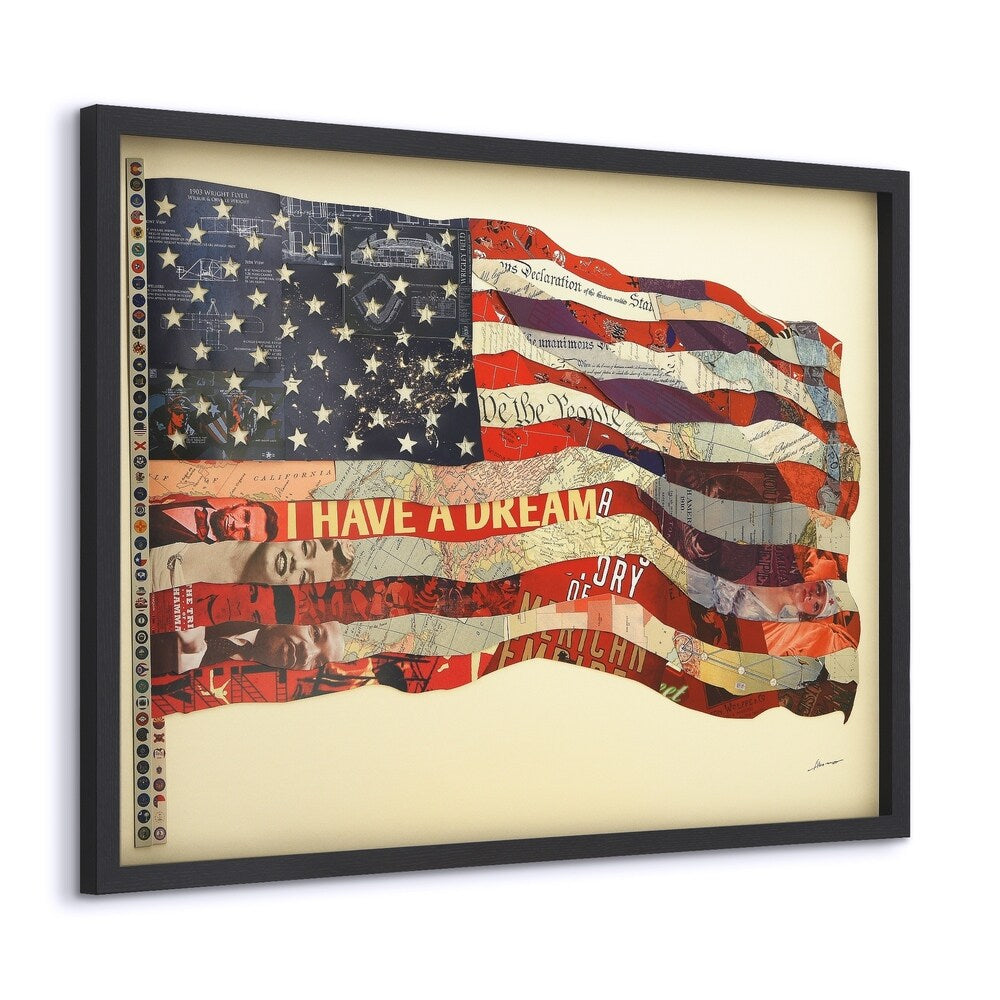 Patriotic American Flag Dimensional Collage Art - Framed Under Glass in Black Shadow Box - Perfect for Home Decor, Office & Gifts