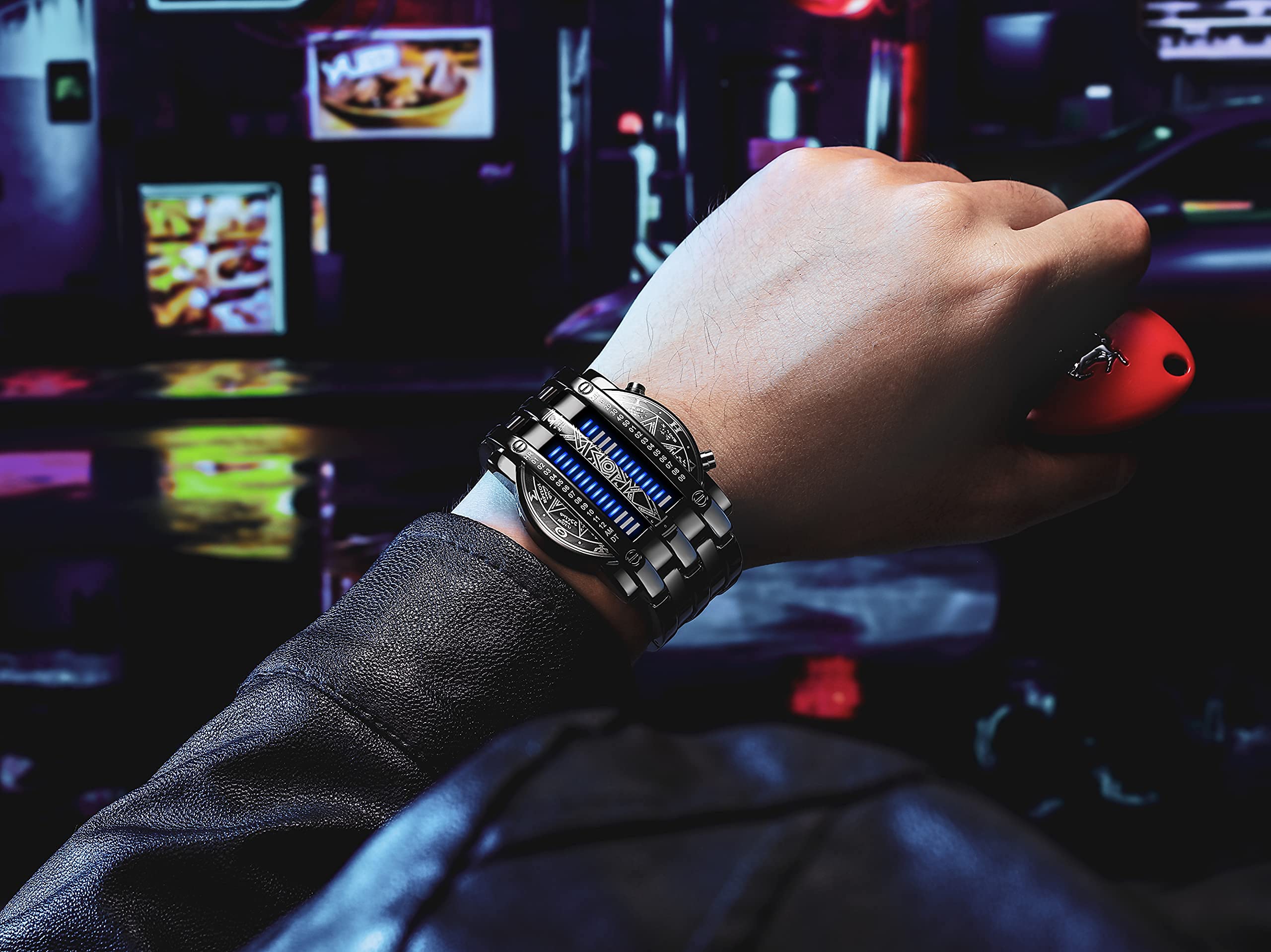 Binary Matrix Blue LED Digital Watch for Men - Classic Creative Fashion Black Plated Wristwatch | Perfect for Casual Wear, Office & Night Out