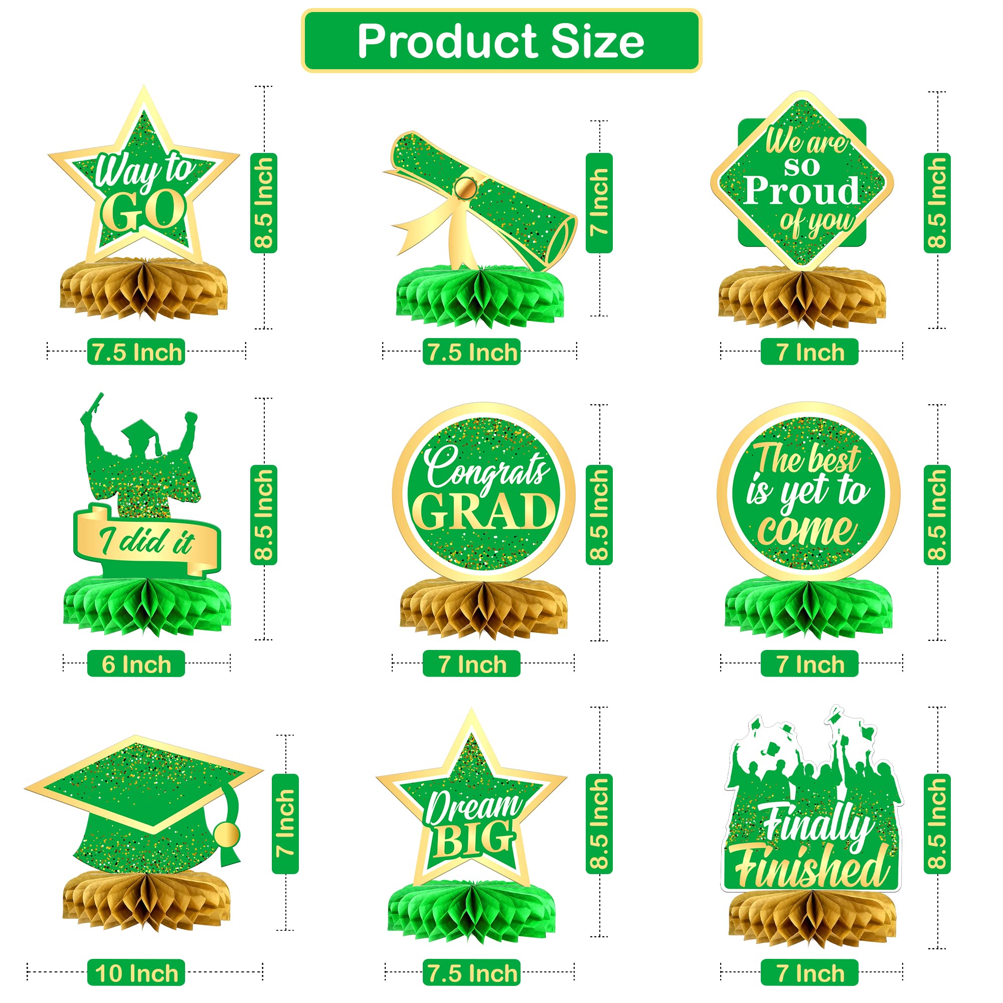 KatchOn Light Green & Gold Graduation Centerpieces for Tables 2025 - Pack of 9 Honeycomb Decorations | Congrats Grad Party Supplies | Perfect for Graduation Ceremonies, Banquets & Photo Backdrops