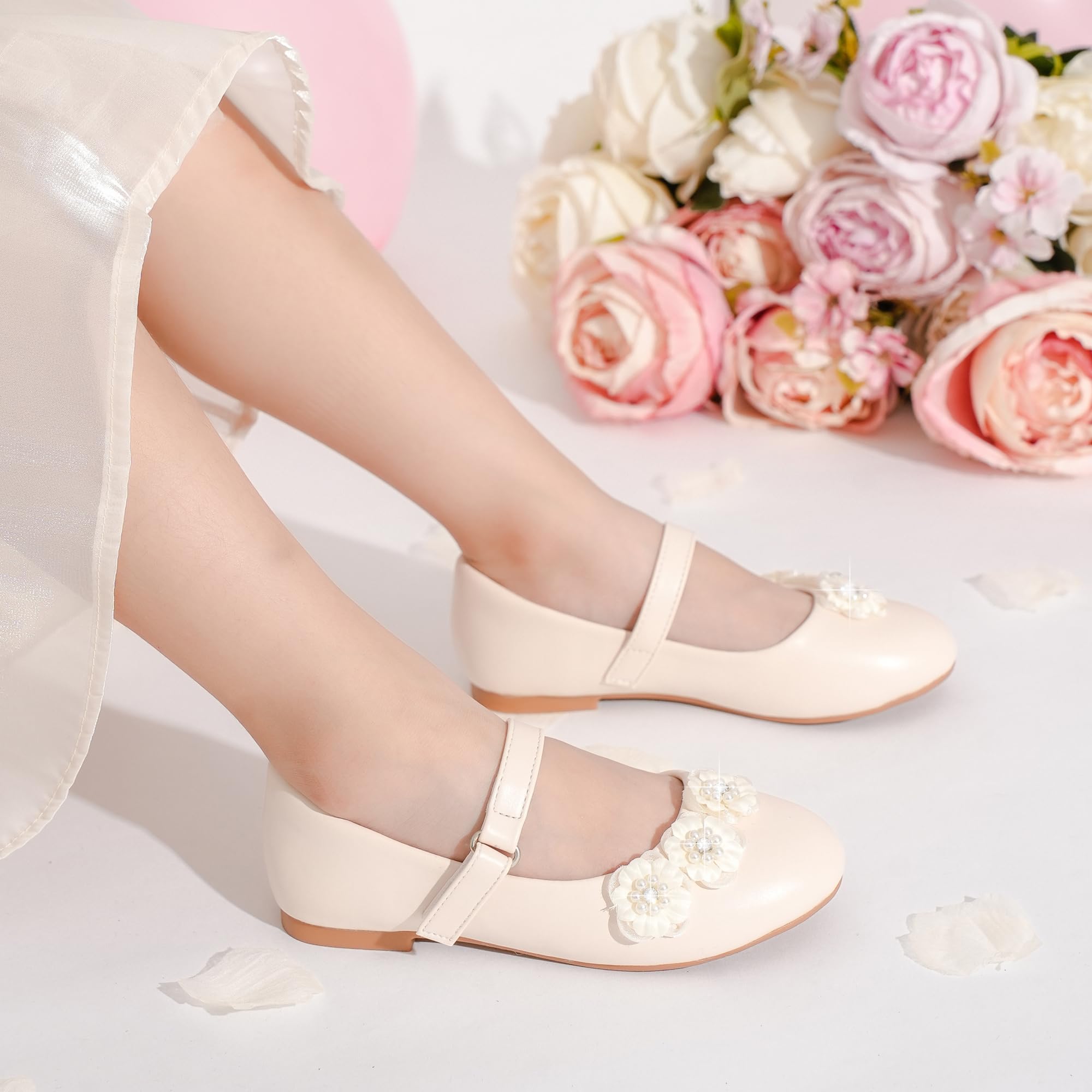 **Toddler Girls Flower Girl Shoes - Princess Wedding Flats with Low Heel for Little & Big Kids - Perfect for Weddings, Parties & Special Occasions**