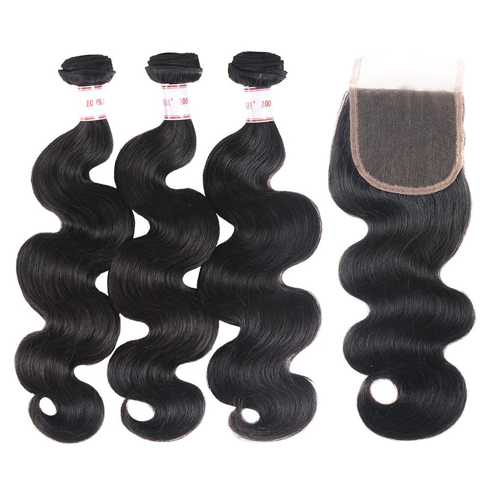 Brazilian Body Wave Virgin Hair 3 Bundles with 4x4 Lace Closure - 100% Unprocessed Human Hair (20 22 24+18 Inches) - Natural Black Color for Sew-in Weave & Protective Hairstyles