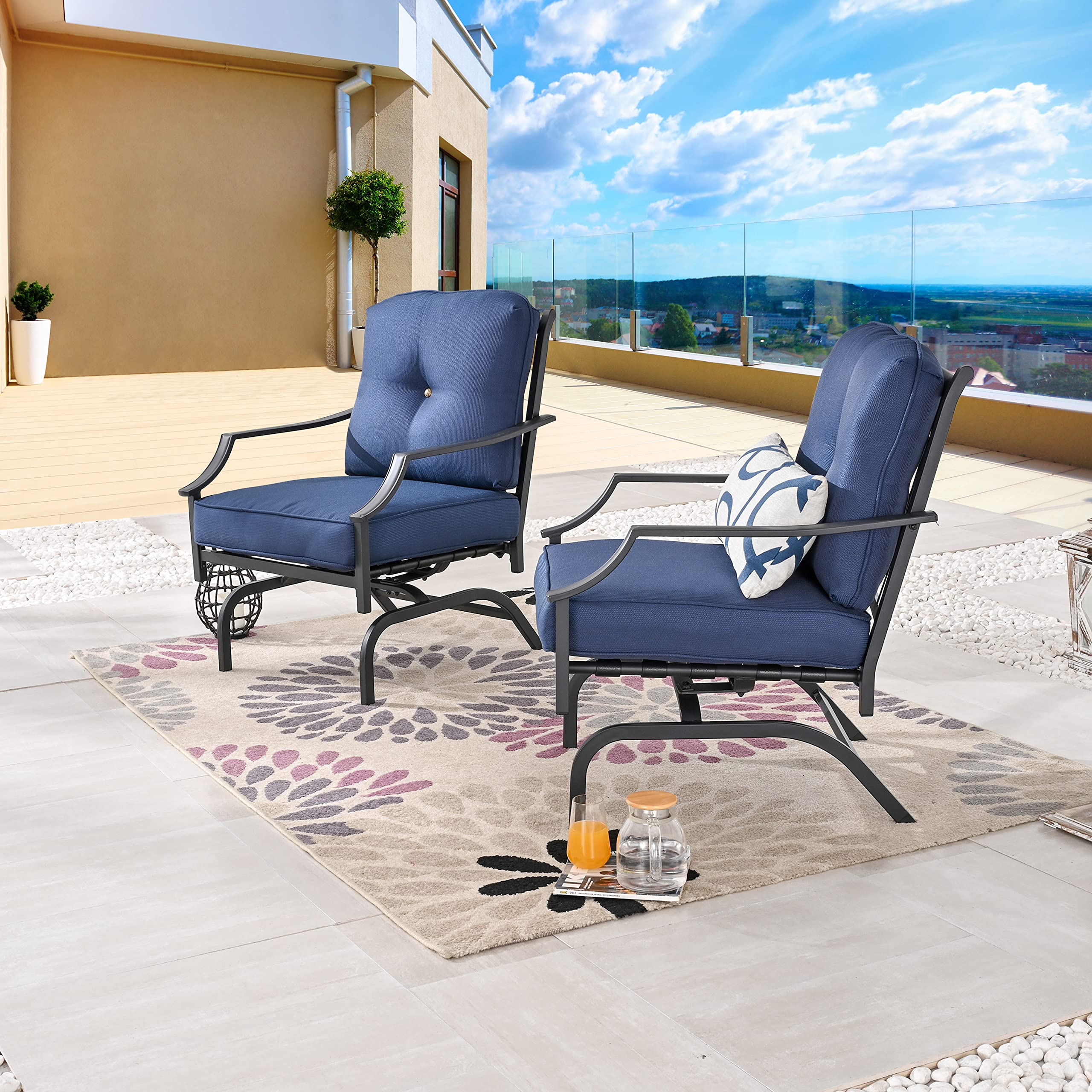 LOKATSE HOME 2-Piece Outdoor Metal Patio Chairs Set with Cushions - Blue Bistro Dining Armchairs for Garden, Balcony, and Backyard Conversation Seating