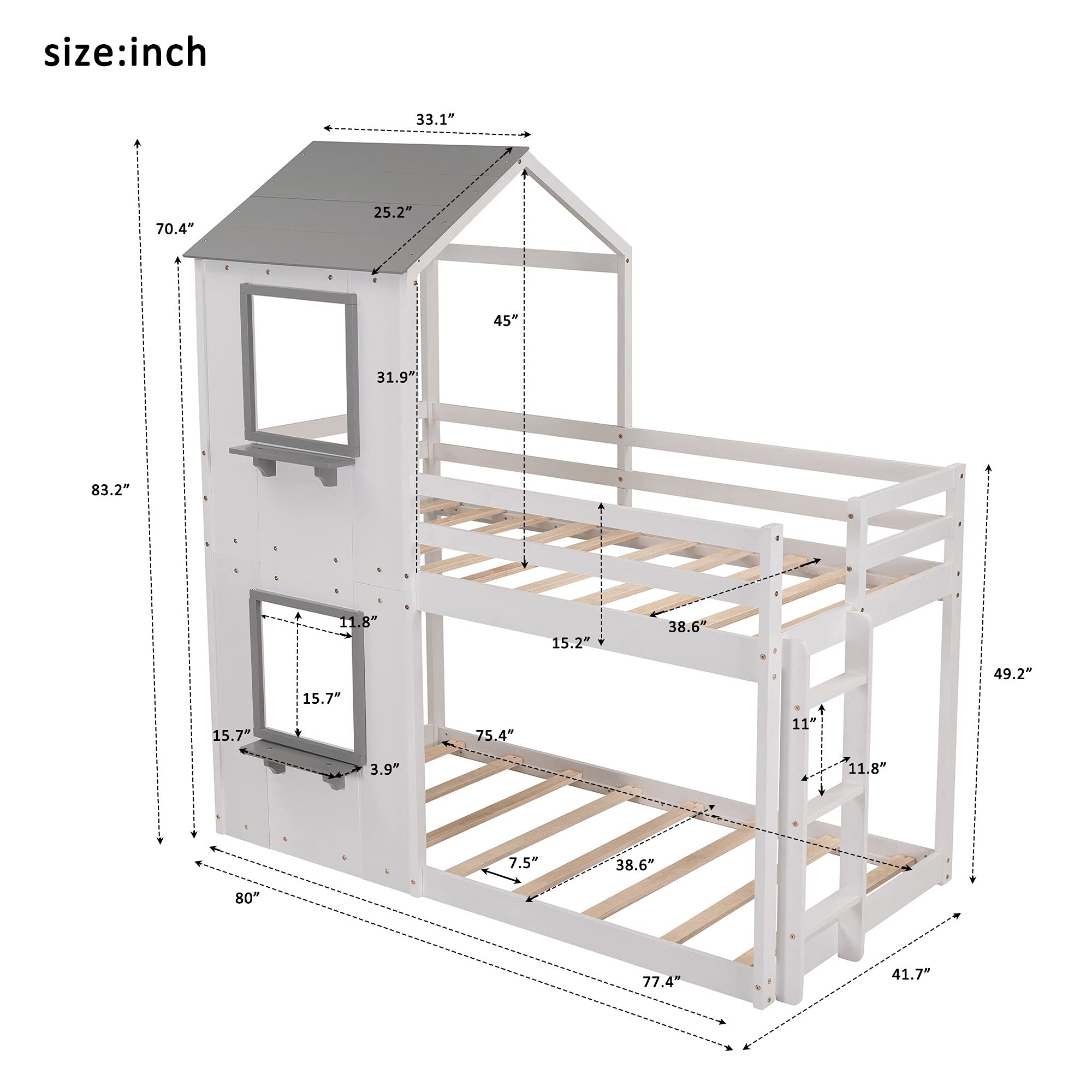 Kids House Shaped Bunk Bed with Roof, Window & Safety Guardrail - Twin Over Twin Loft Bed with Ladder for Boys & Girls - Beautiful White Design - Perfect for Bedrooms, Playrooms & Small Spaces