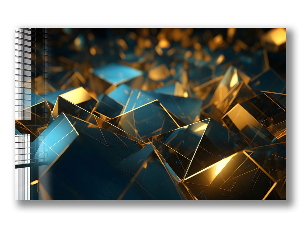 Abstract Golden & Blue Cubes Wall Art - Modern Geometric 3D Decor for Living Room, Bedroom & Office - Perfect for Home & Office Decor