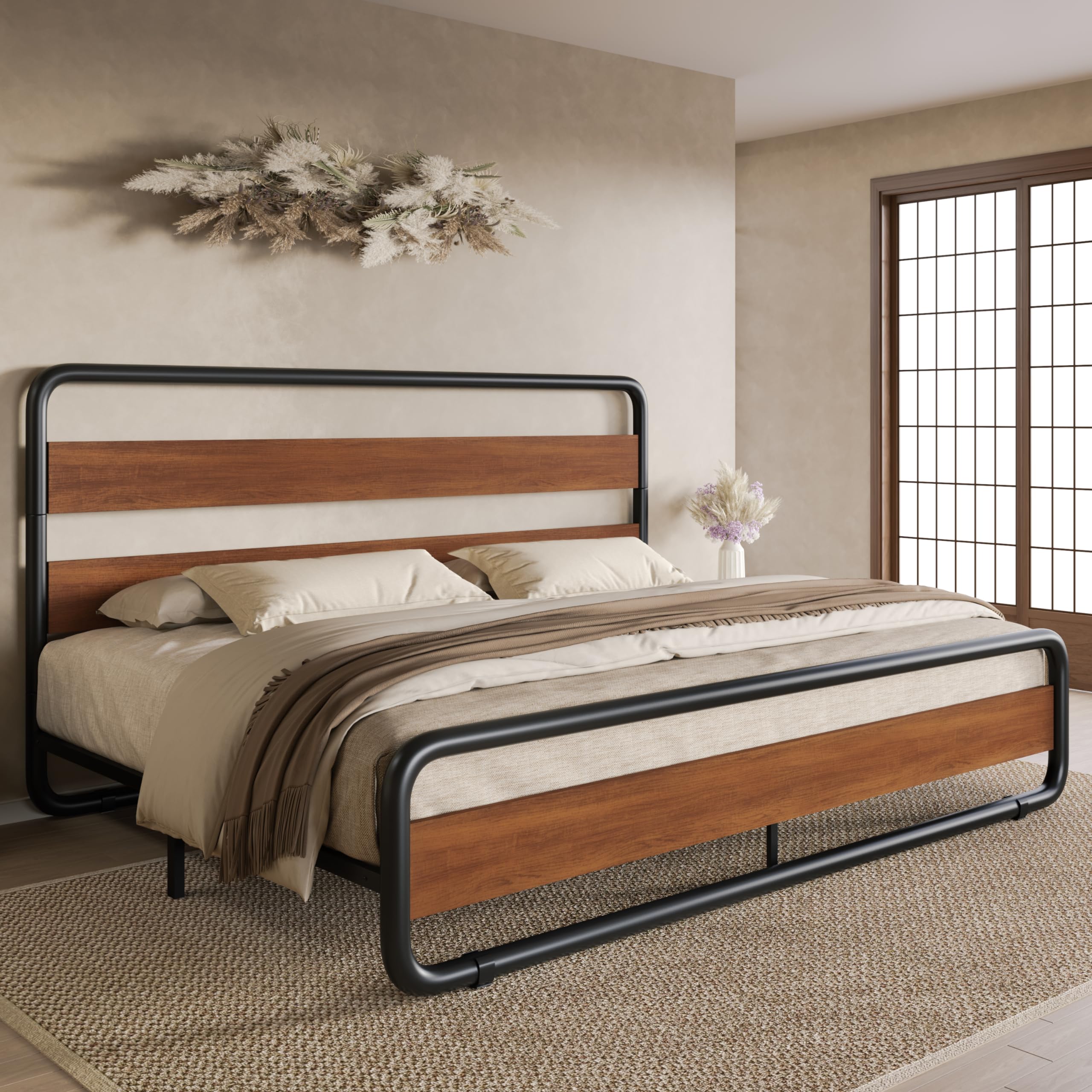 King Size Metal Bed Frame with Wooden Headboard & Footboard - Heavy Duty Platform Bed with 10