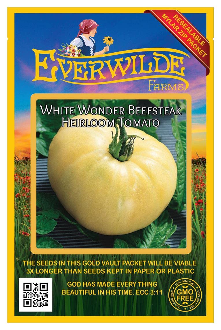 Everwilde Farms - 50 White Wonder Beefsteak Heirloom Tomato Seeds - Non-GMO, Open Pollinated - Gold Vault Seed Packet for Home Gardening, Organic Farming & Fresh Salads
