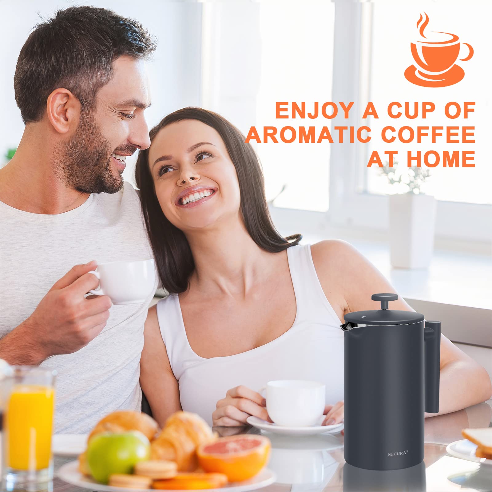 Secura 34oz (1L) Stainless Steel French Press Coffee Maker - 304 Grade Insulated Coffee Press with 2 Extra Screens, Grey - Perfect for Home, Office & Camping Brewing