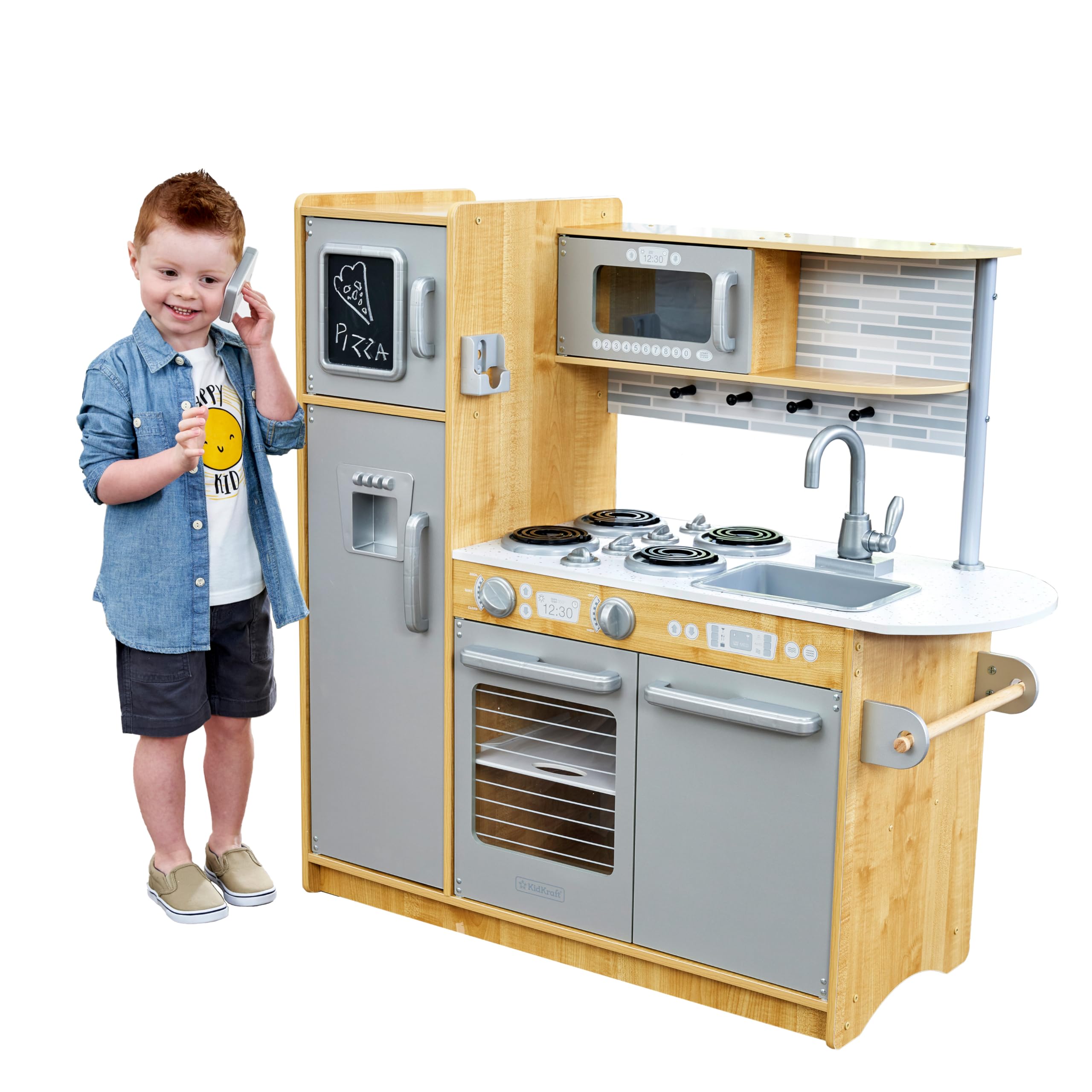 KidKraft Uptown Natural Wooden Play Kitchen Set with Play Phone, Chalkboard & Towel Rack - Pretend Cooking Toy for Kids Ages 3+ | Perfect for Imaginative Play, Preschool Learning & Birthday Gifts