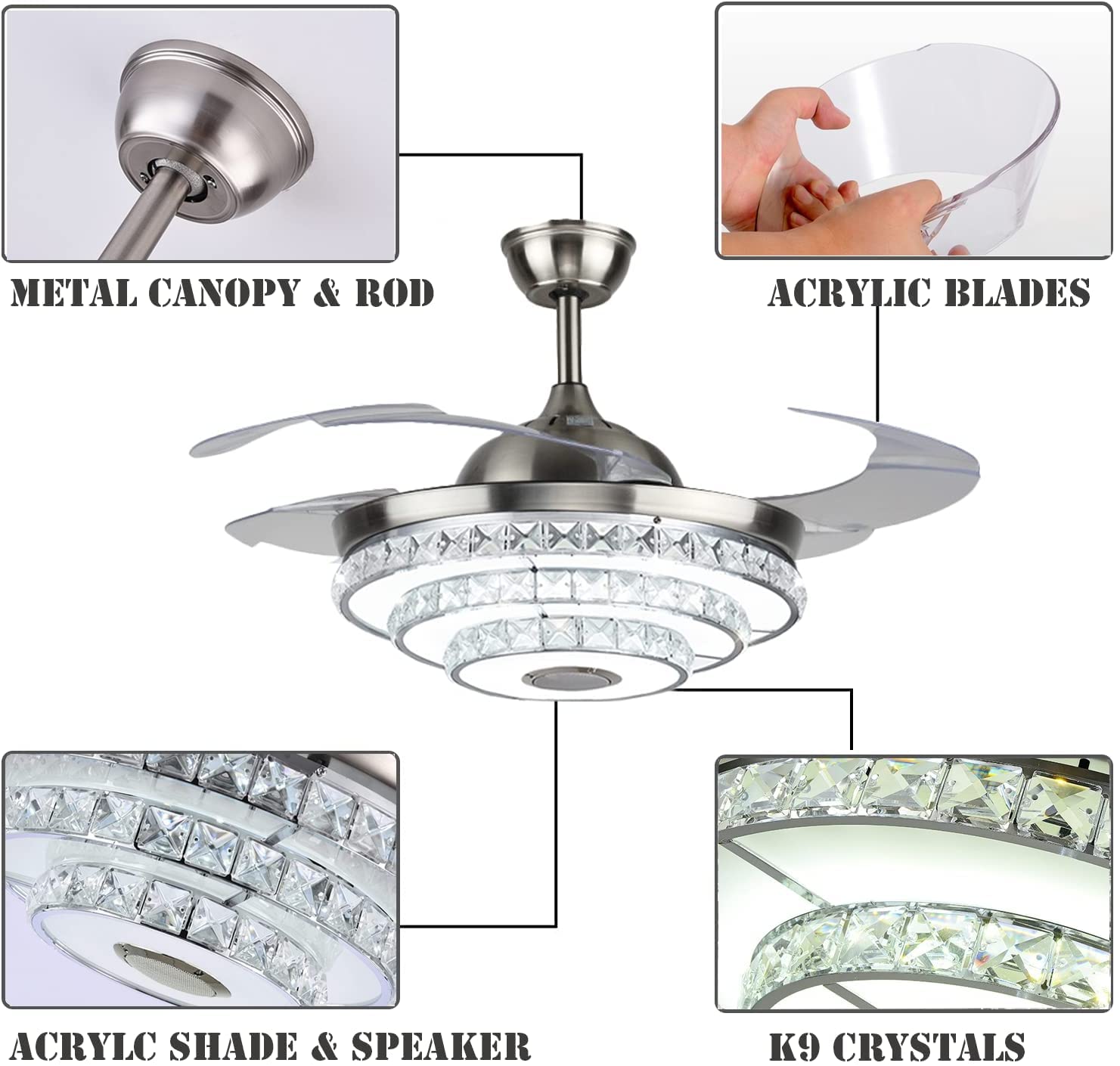 RuiWing 42 Inch Smart Ceiling Fan with LED Light and Bluetooth Speaker - Modern Crystal Chandelier Fan with 7 Color Changing Lights, Retractable Blades, Remote Control & 3 Silent Speeds - Perfect for Living Room, Bedroom, and Outdoor Patio