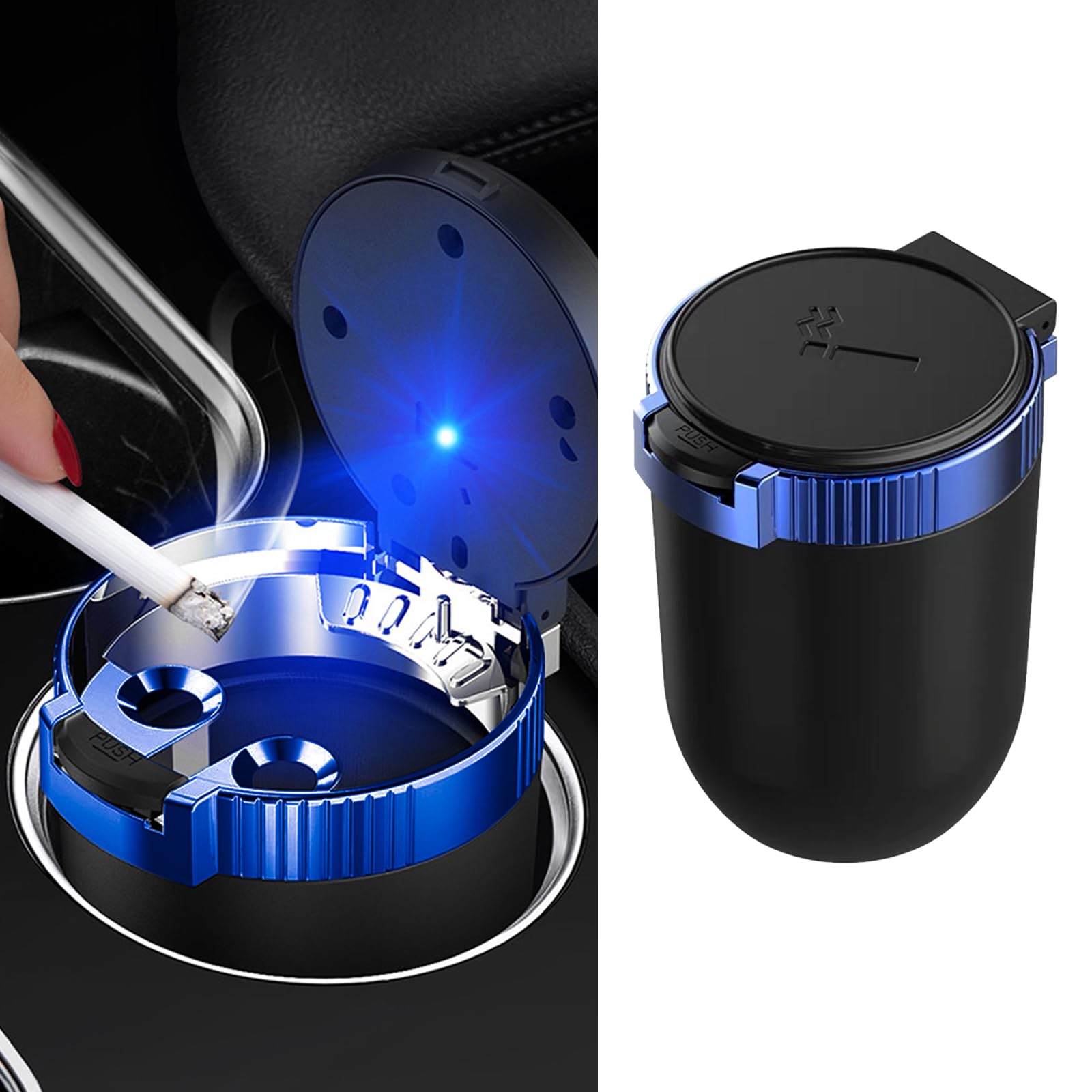 Smell Proof Car Ashtray with Lid - Portable Mini Car Trash Can with LED Blue Light, Removable Stainless Steel Cup Holder, Universal Car Interior Accessories (Blue) for Smoke-Free Driving Experience