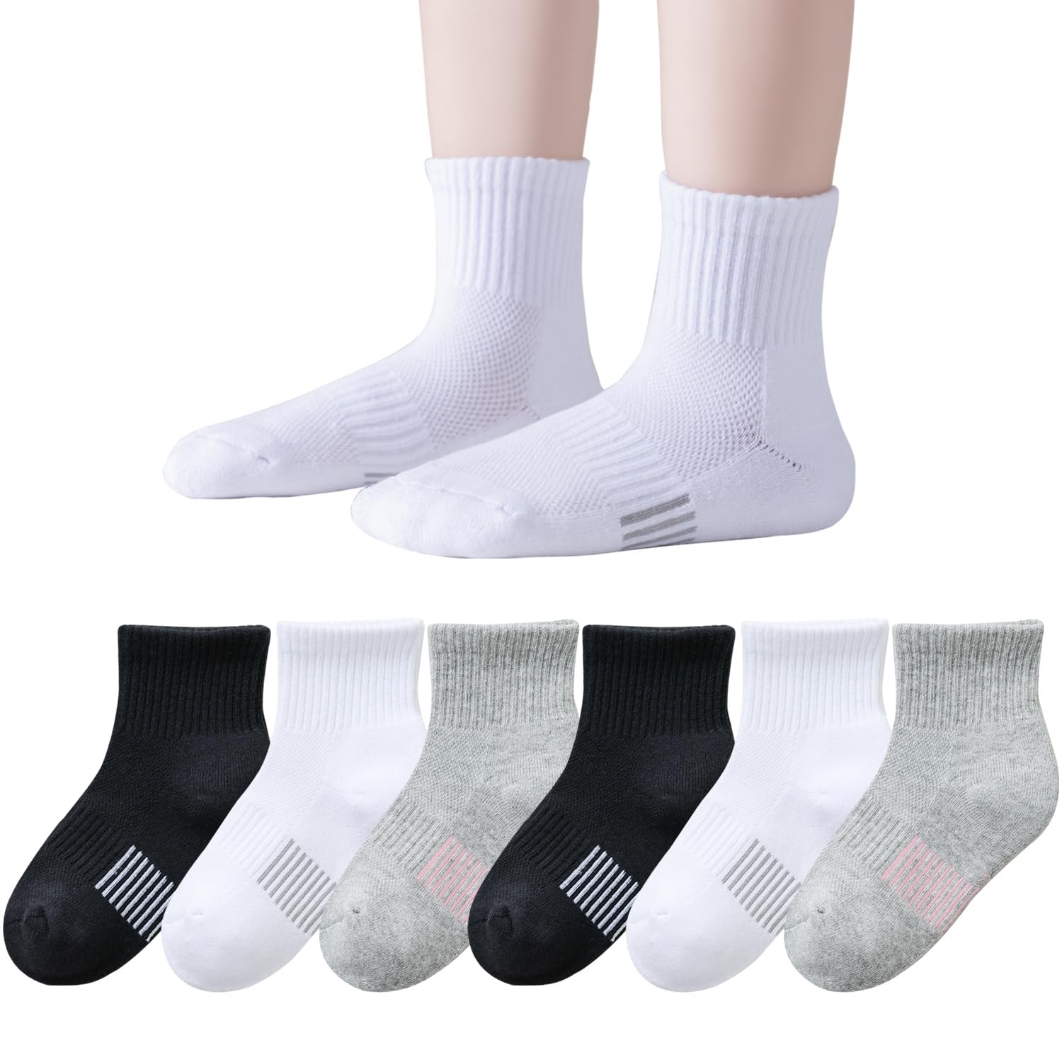 EPEIUS Kids Girls' Cushioned Running Socks - Thick Cotton Athletic Ankle Socks for Sports & Play - Comfortable Quarter Socks for Ages 5-15 - Perfect for School, Gym & Everyday Wear