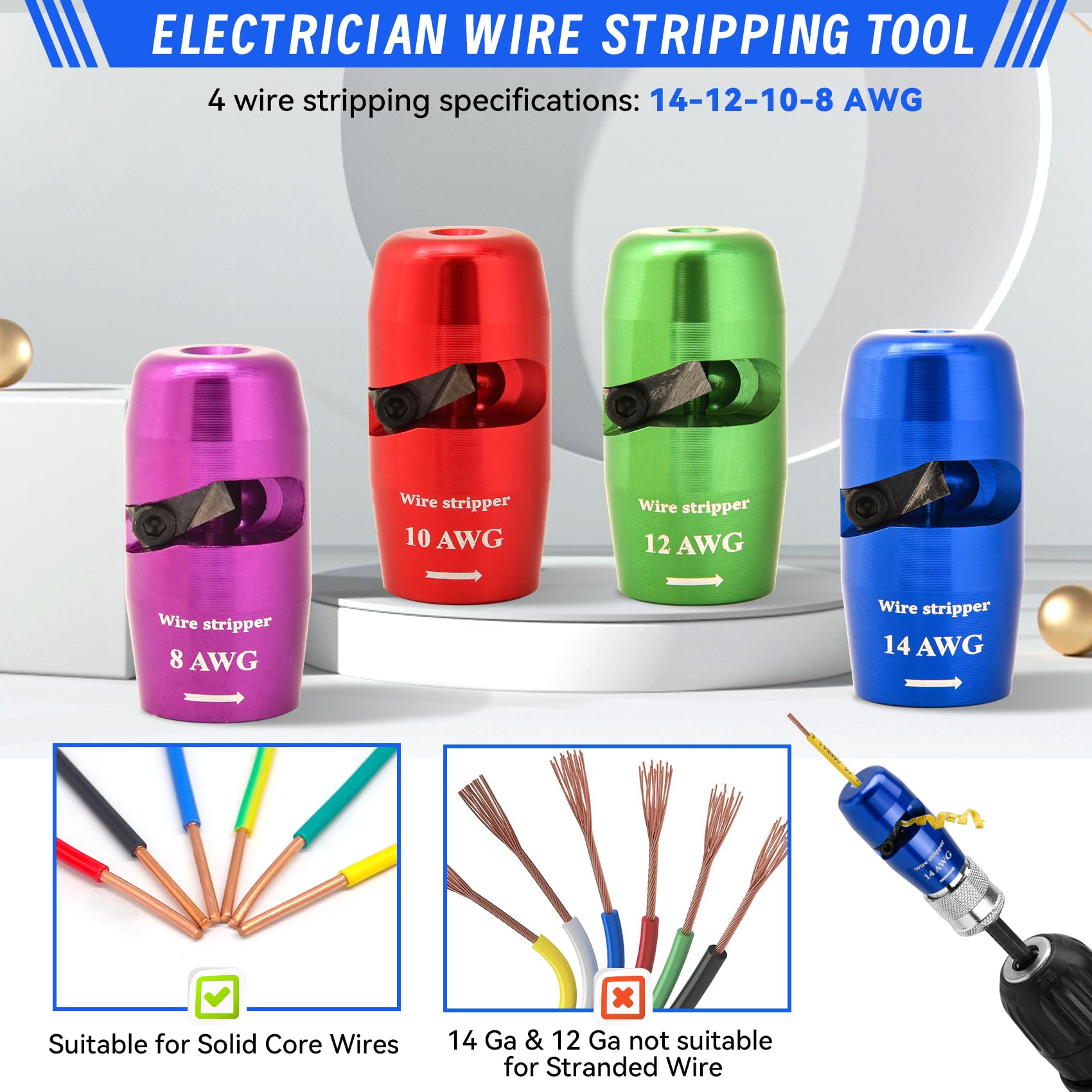 SNEZHANA Electric Wire Stripper for Drill - 14-12-10-8 AWG Wire Twister Tool | Professional Electrician Tool Attachment Set for Electrical Wire Stripping and Twisting | Perfect for Home Wiring, DIY Projects & Electrical Repairs