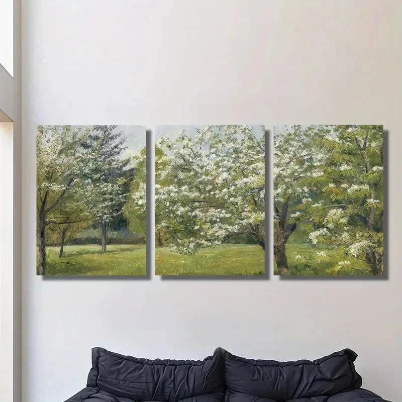 3-Piece Spring Apple Blossom Floral Wall Art Set - Metal Print Canvas Paintings Ready to Hang - Perfect for Living Room, Bedroom & Office Decor