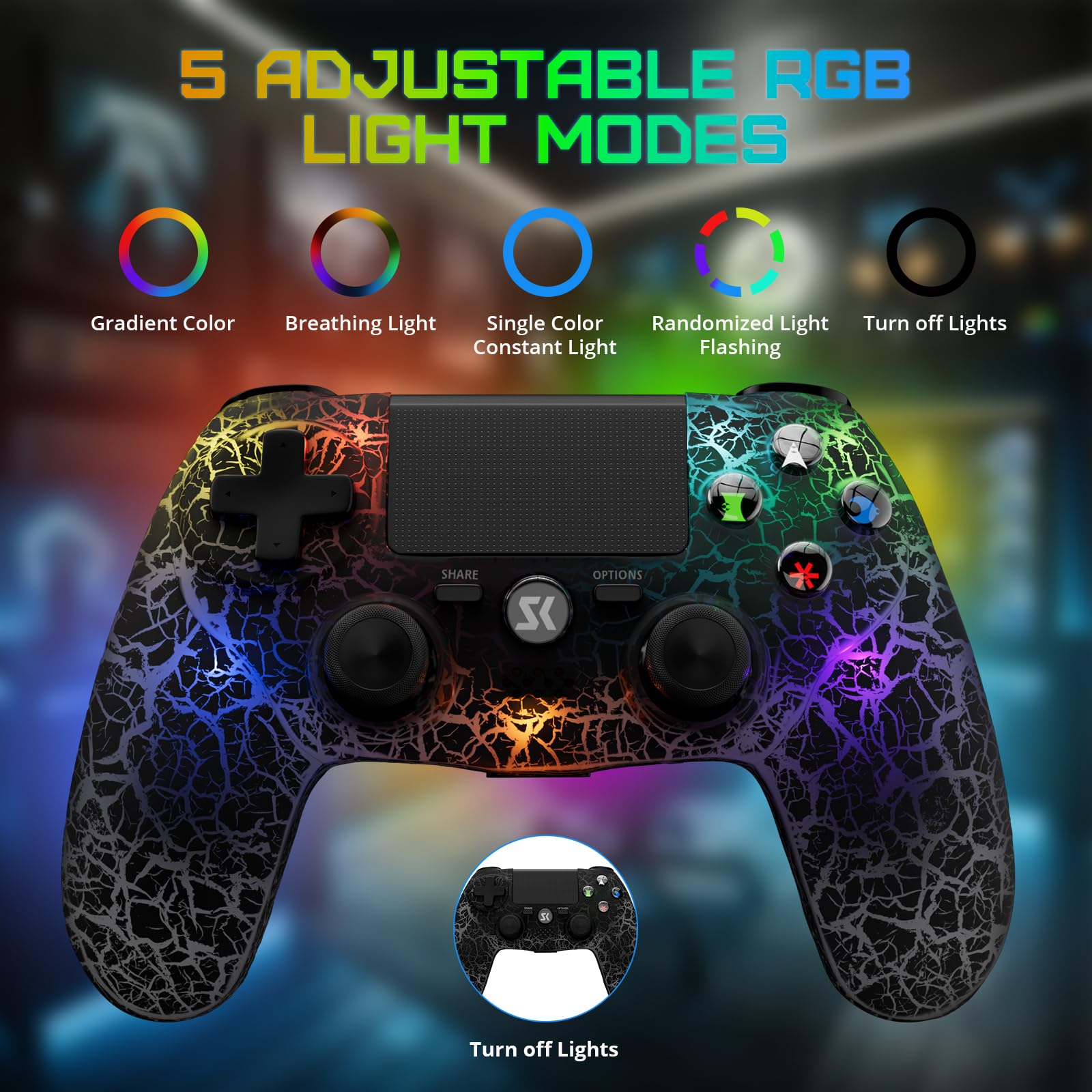 Wireless PS4 Controller for PlayStation 4/Pro/Slim - Adjustable RGB Lighting, 1000mAh Battery, 6-Axis Motion Sensor, Dual Vibration, 3.5mm Audio Jack - Black | Perfect for Gaming, Streaming & Long Play Sessions