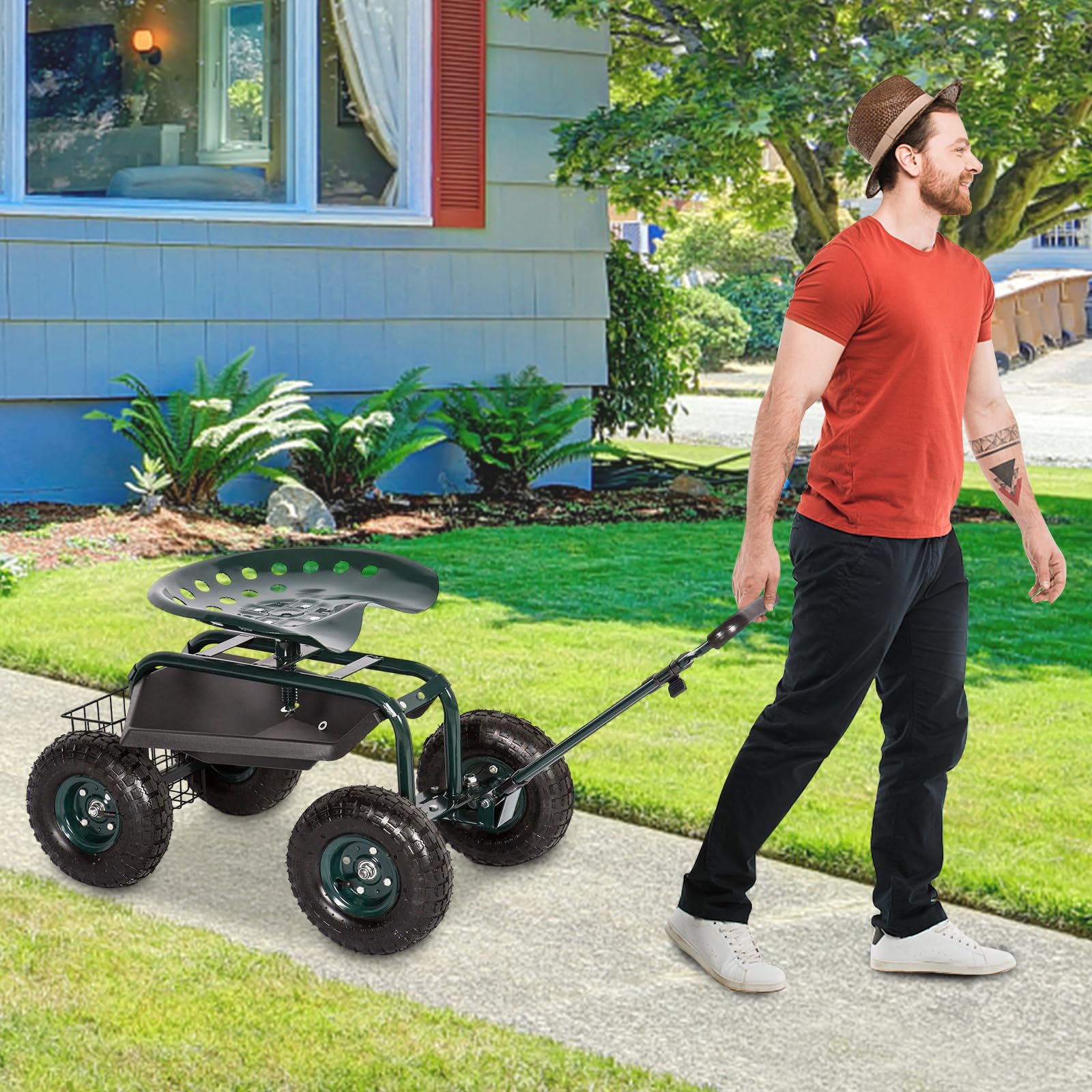 Kinbor Rolling Garden Scooter Cart with 360° Swivel Seat, Wheels & Tool Tray - Green Outdoor Gardening Stool for Planting, Weeding & Yard Work