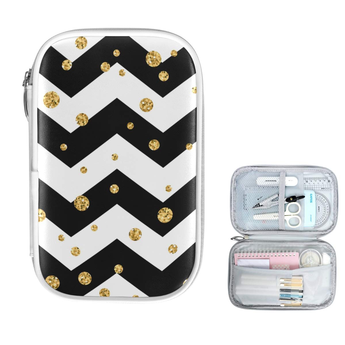 ZZKKO Polka Dot Striped Pencil Case with Zipper - School & Office Stationery Organizer, Makeup Pouch, Cosmetic Bag for Women & Girls - Perfect for School, Work, Travel & Daily Use