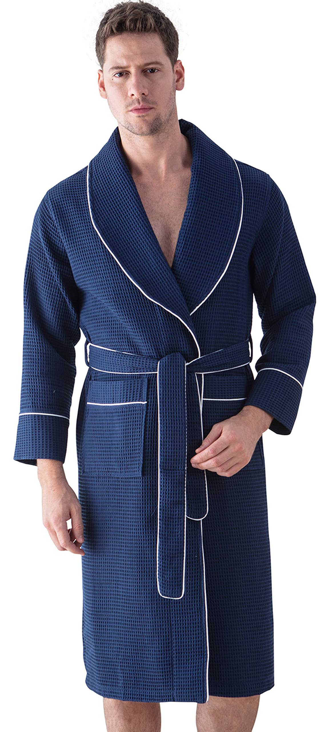 SEYANTE Men's Lightweight Cotton Waffle Weave Hooded Robe - Ultra Soft Full Length Bathrobe for Spa, Sleepwear & Lounge Wear - Cozy Home Relaxation & Hotel Style Comfort