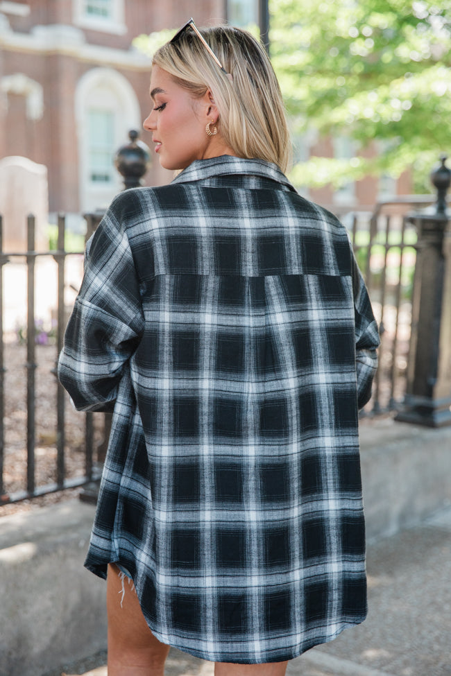 Black and Ivory Plaid Oversized Button Front Shirt for Women - Stylish Loose Fit Long Sleeve Blouse - Perfect for Casual Outfits, Layering, and Office Wear