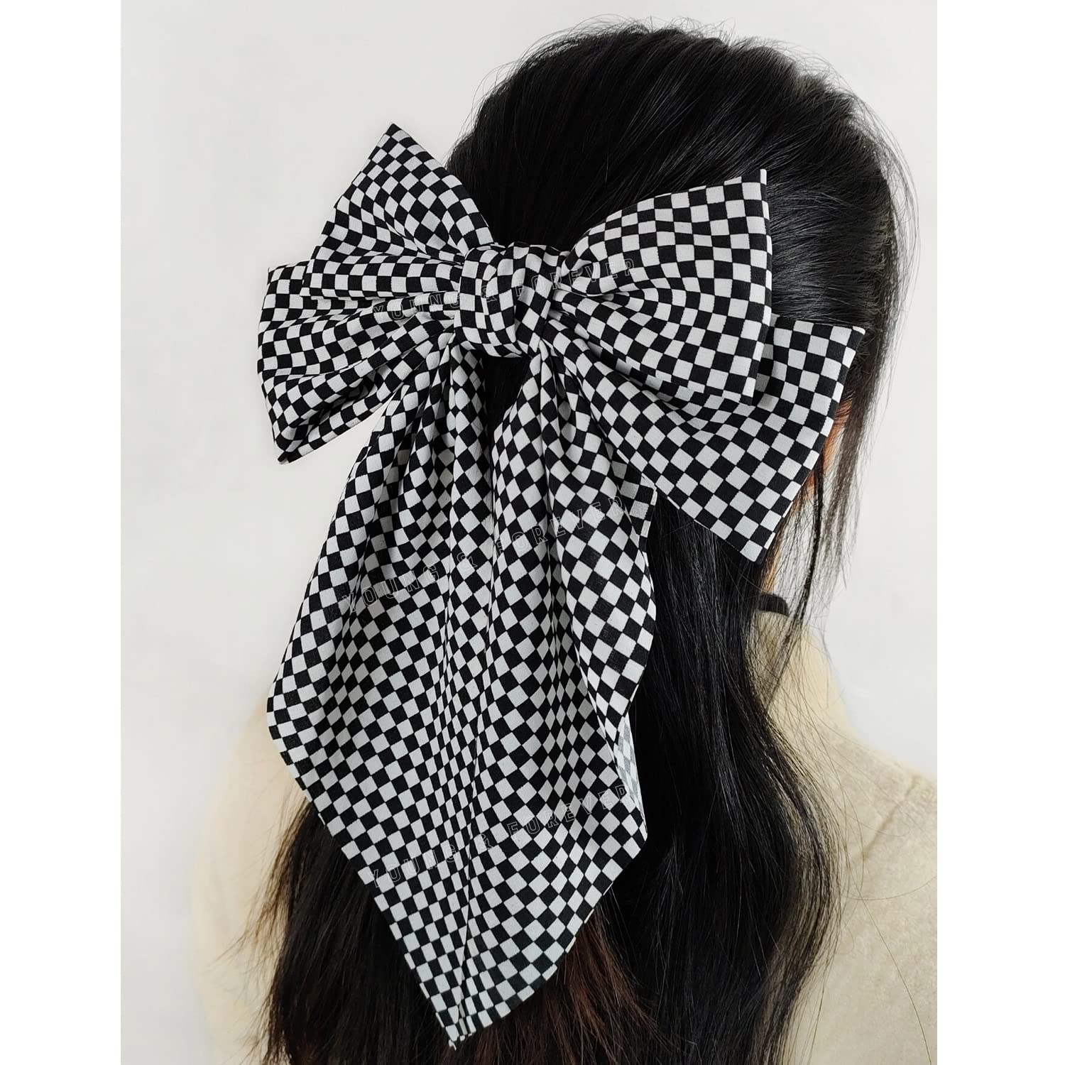 Young & Forever Large Checkered Monochrome Bow Hair Clips for Women - Black and White Hair Barrettes, Hair Accessories & Jewelry for Girls & Women | Perfect for School, Parties, Weddings & Everyday Styling