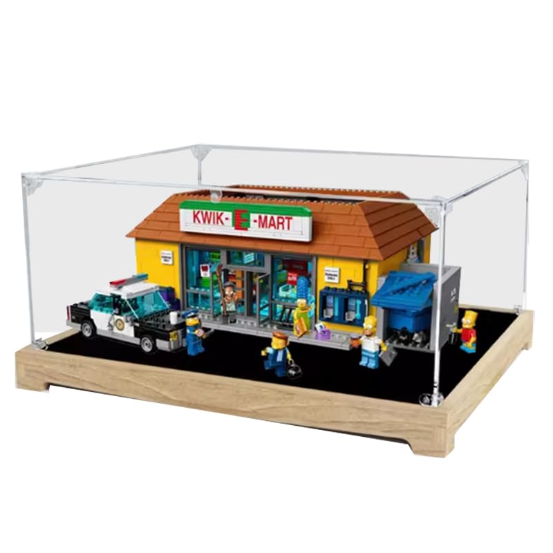 Transparent Acrylic Display Case for Lego Simpsons Kwik-E-Mart 71016 - Wooden Background Showcase Box | Perfect for Collectible Protection & Home Decoration