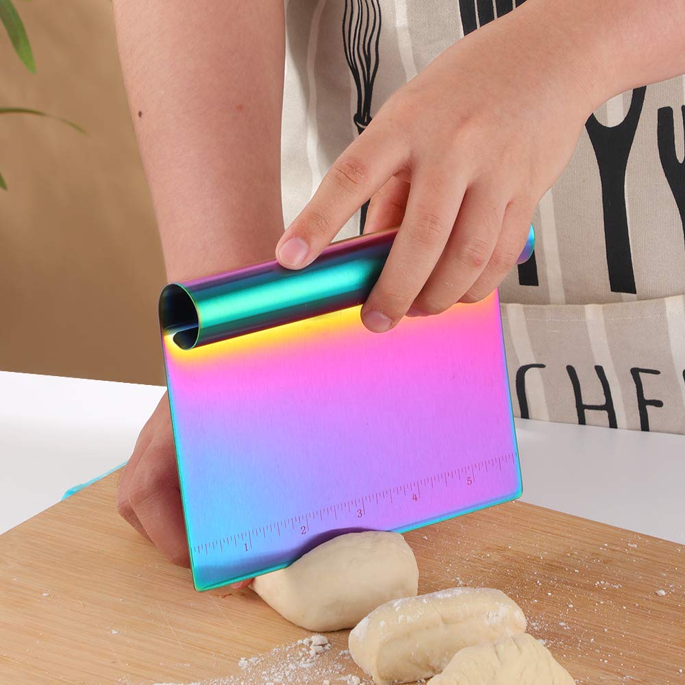 Stainless Steel Dough Scraper & Pastry Cutter with Measuring Scale - Multipurpose Bench Scraper, Pizza Dough Cutter, Bread Knife - Perfect for Baking, Cake Decorating & Pizza Making (Rainbow Mirror Polish)