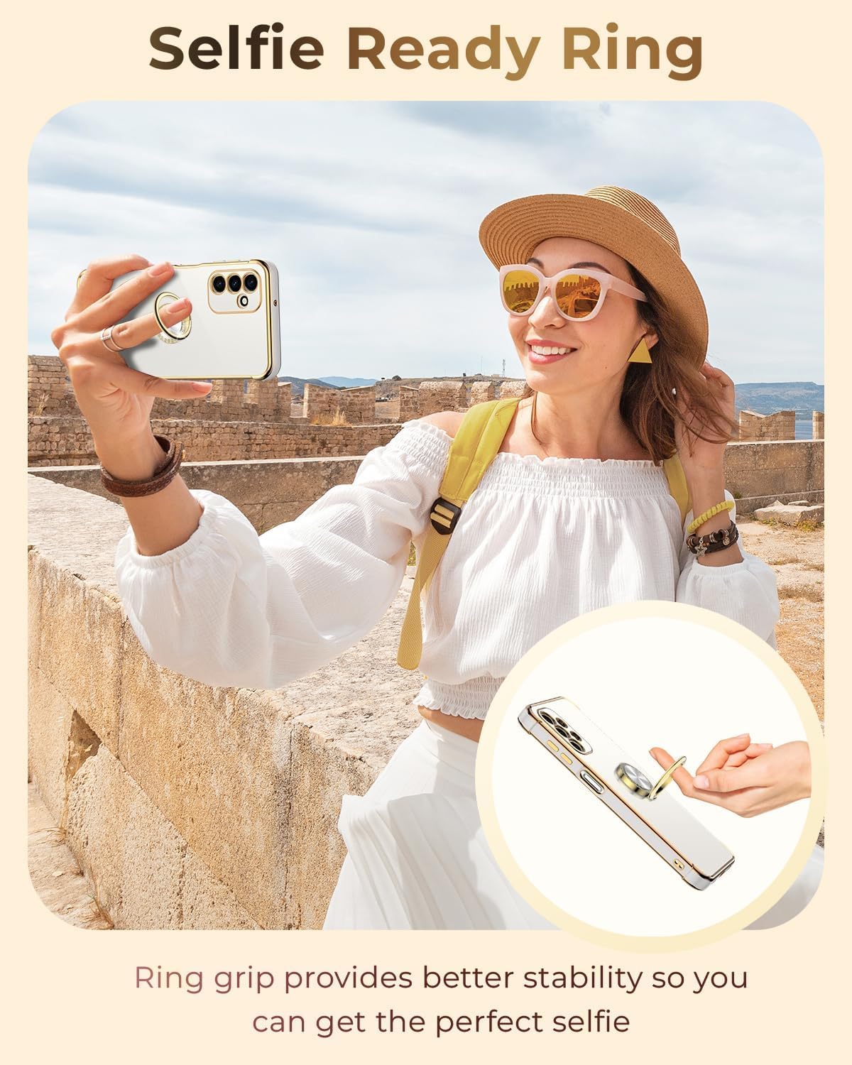 Premium Luxury Electroplated Samsung Galaxy S24 Plus Case with Ring Holder & Lanyard - Shockproof Soft Protective Cover for Women & Girls (White) - Perfect for Work, Travel & Everyday Protection