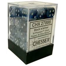 Chessex 36-Pack 12mm Black with Silver Phantom Pipped D6 Dice Set - Perfect for Dungeons & Dragons, Board Games, and RPG Adventures
